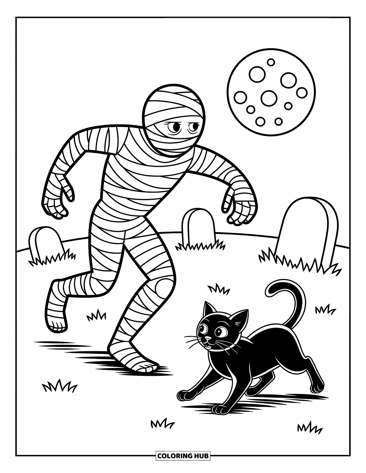Horror Coloring Page for Kids: A lively graveyard scene with a mummy chasing a cat between crooked, quirky tombstones