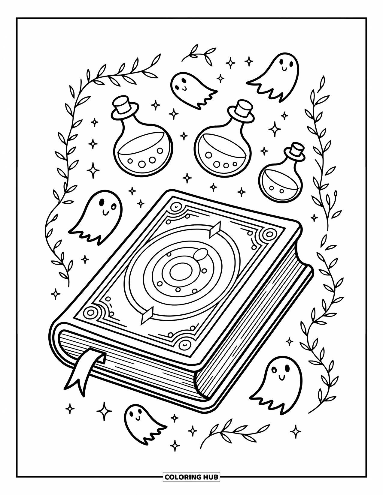 Horror Coloring Page for Kids: A magical book surrounded by floating potions and playful tiny ghosts with round faces
