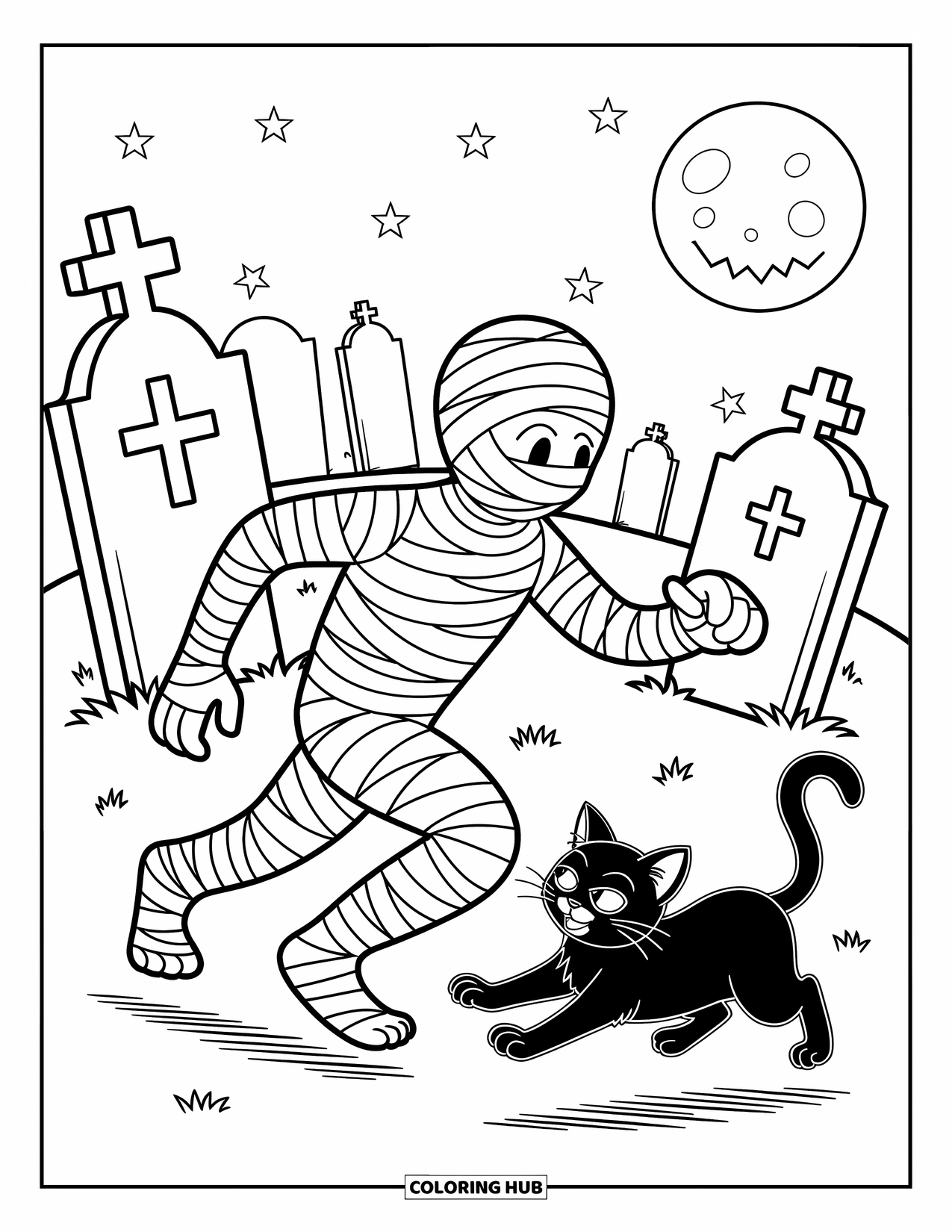Horror Coloring Page for Kids: A mummy with bandages chases a mischievous cat across a crooked old graveyard