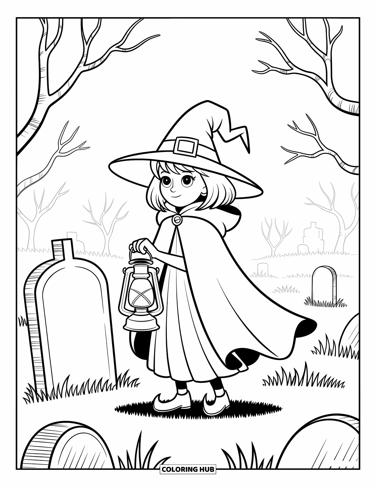 Horror Coloring Page for Kids: A mysterious girl holding a lantern walks through a foggy graveyard of twisted trees