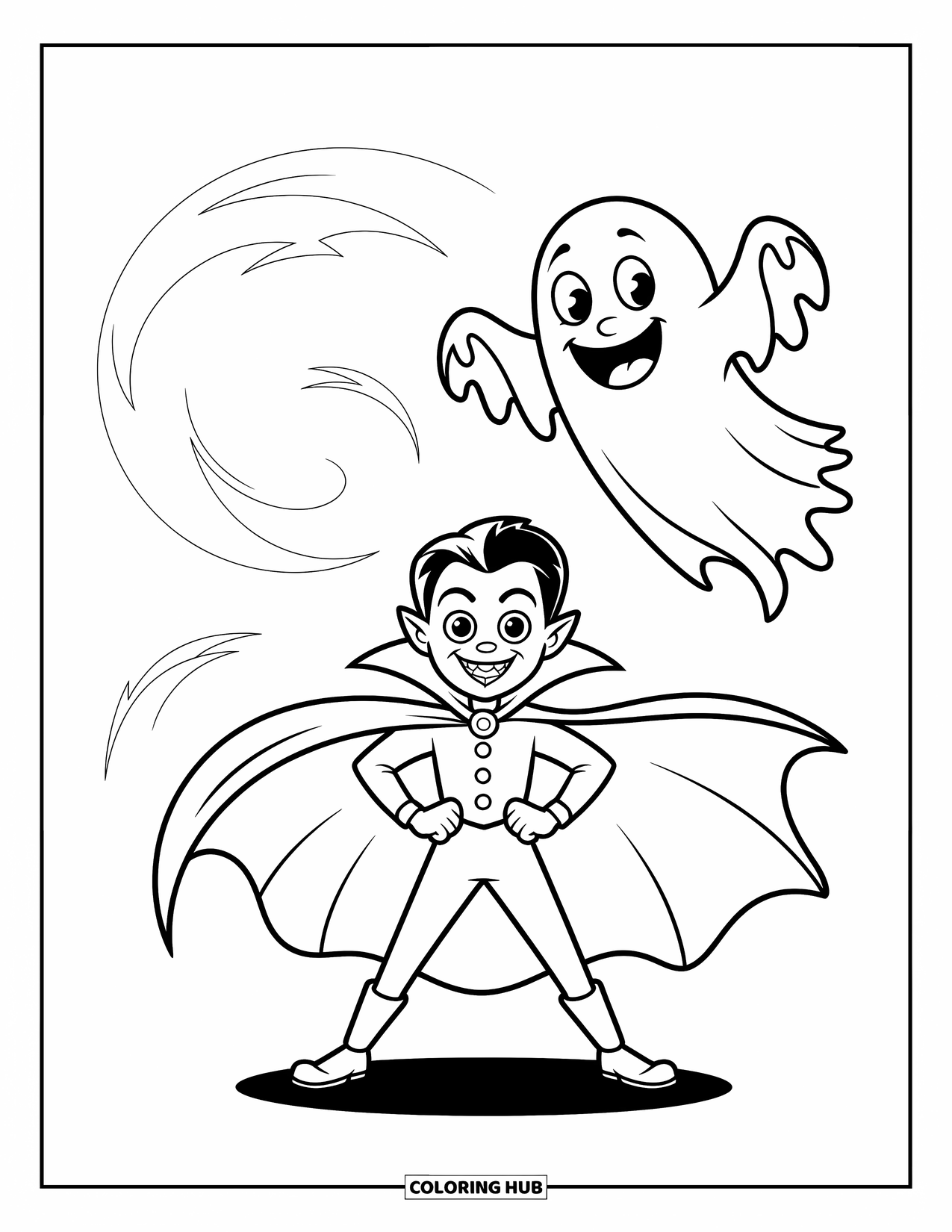Horror Coloring Page for Kids: A playful vampire with a flowing cape stands with a cheerful ghost in swirling mist