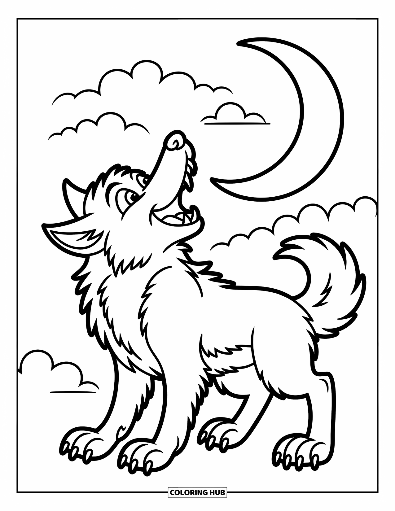 Horror Coloring Page for Kids: A playful werewolf howls joyfully at a crescent moon surrounded by soft, drifting clouds