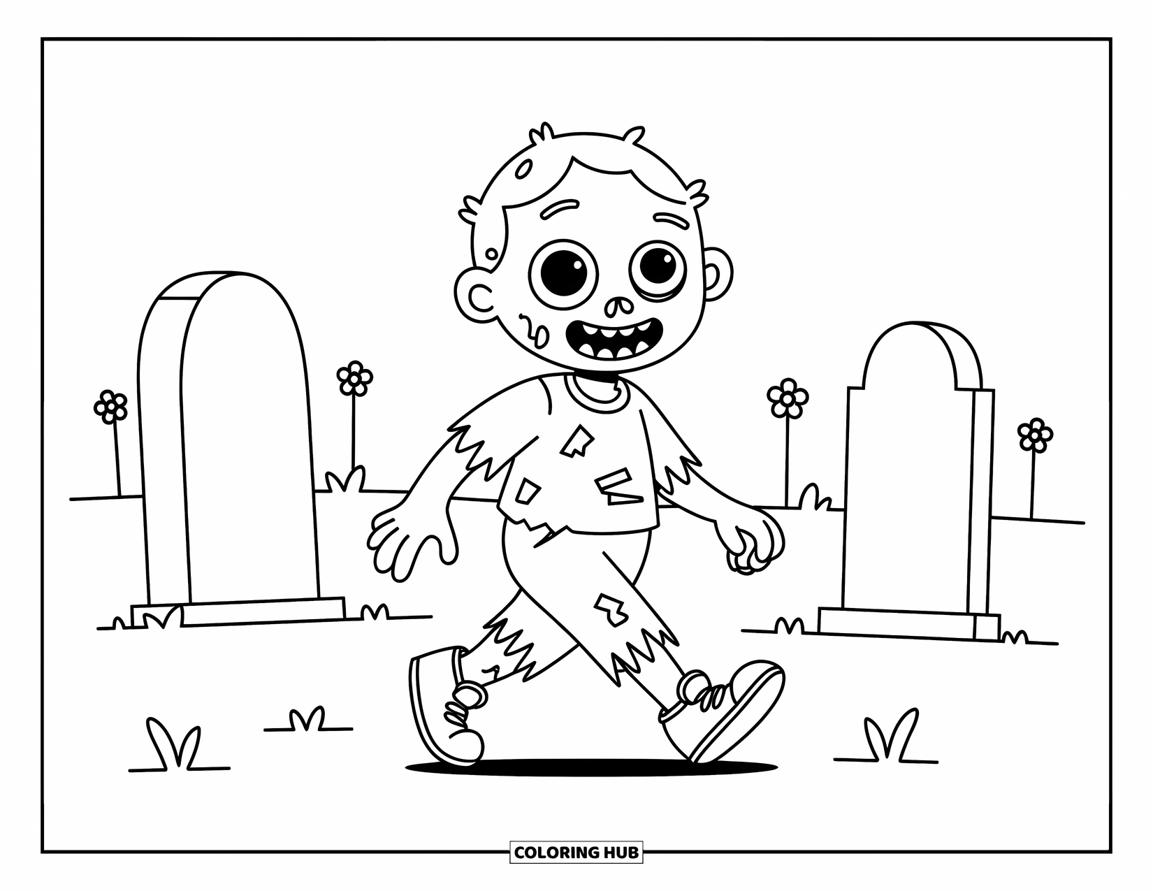 Horror Coloring Page for Kids: A playful zombie with a missing shoe and torn clothes walks among cozy tombstones