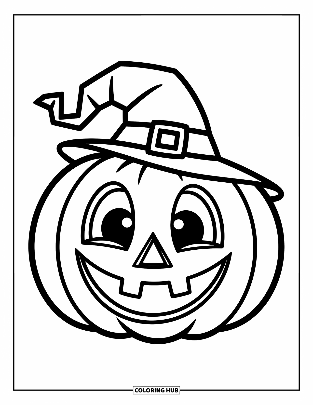 Horror Coloring Page for Kids: A smiling jack-o'-lantern with a crooked hat grins playfully with wide, happy eyes