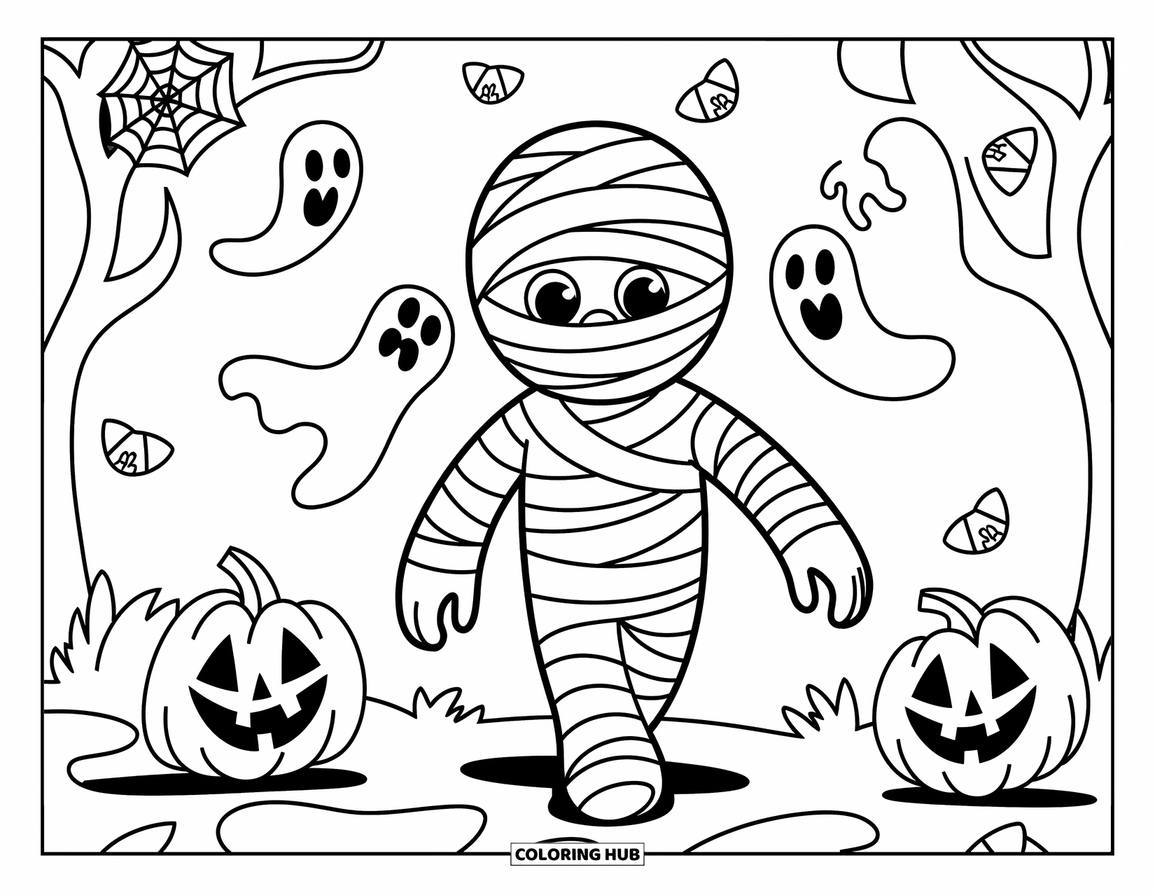 Horror Coloring Page for Kids: A smiling mummy walks through a haunted house filled with floating pumpkins and playful ghosts