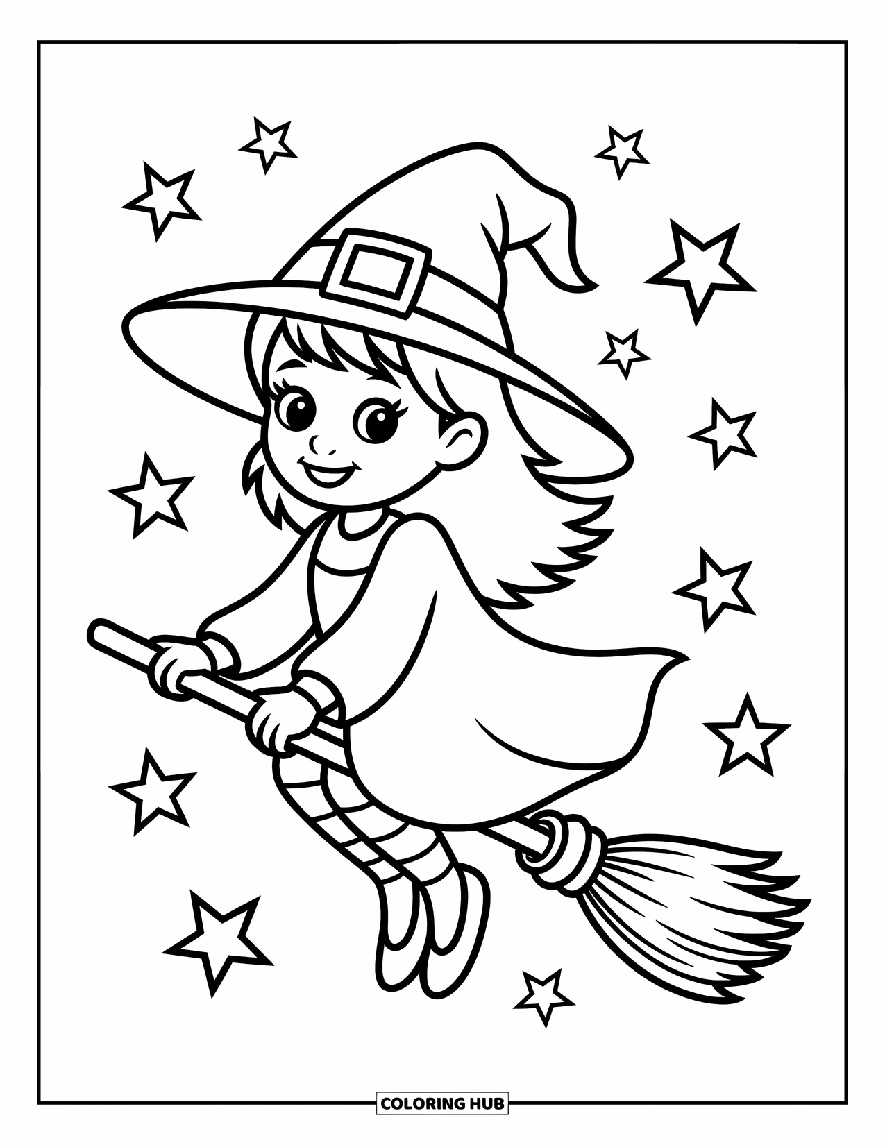 Horror Coloring Page for Kids: A smiling witch with a floppy hat flies across a starry sky with soft clouds