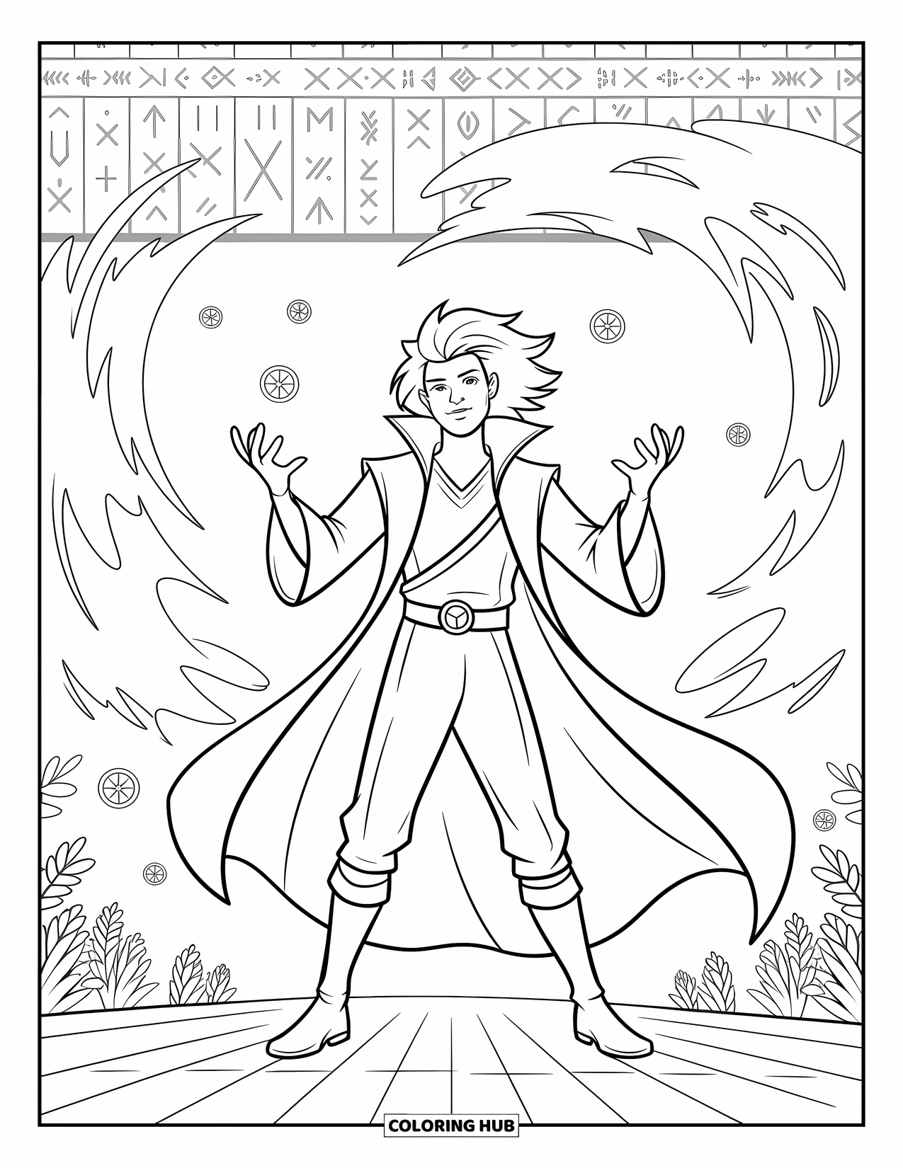 Horror Coloring Page for Kids: A sorcerer in flowing robes casts a spell surrounded by swirling fog and magical symbols