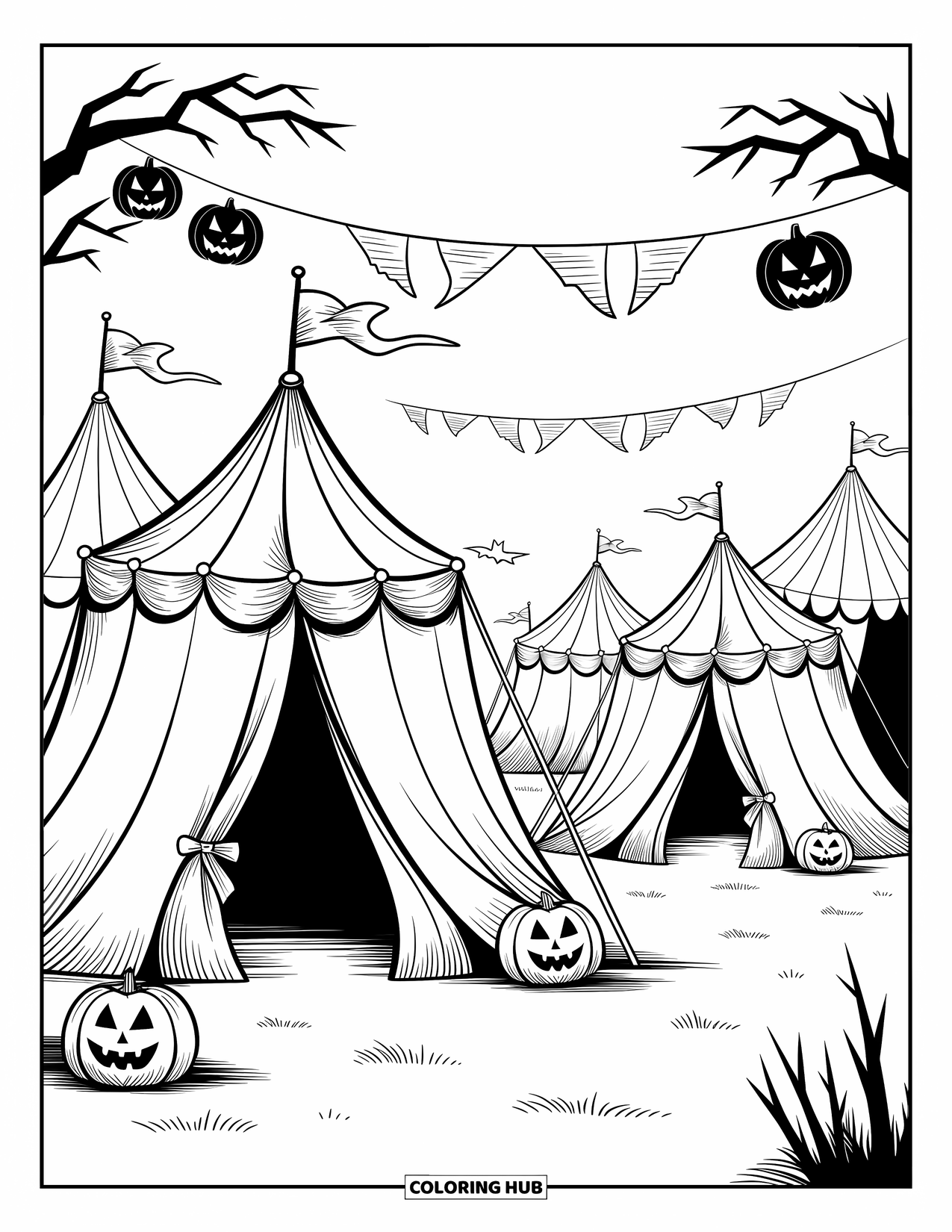 Horror Coloring Page for Kids: A spooky carnival unfolds with crooked tents and eerie jack-o'-lanterns under tattered banners