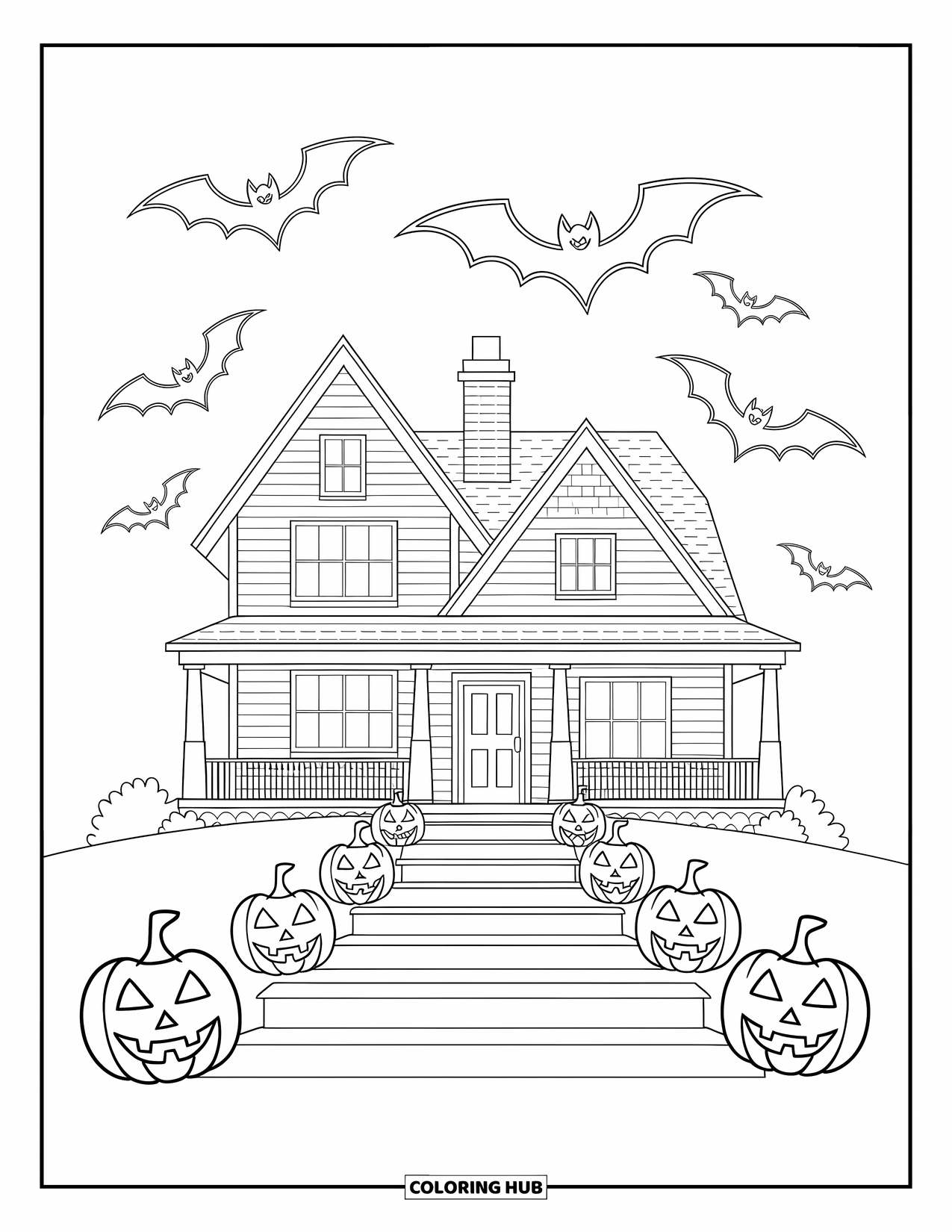 Horror Coloring Page for Kids: A spooky house stands on a hill with bats circling and pumpkins by the steps