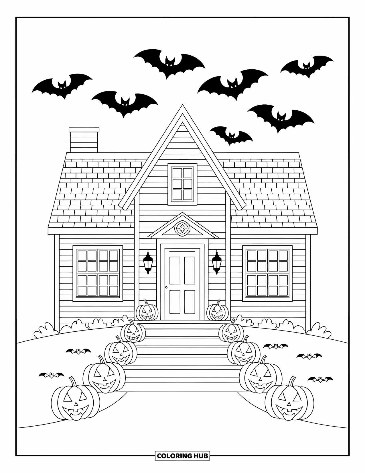 Horror Coloring Page for Kids: A spooky house with swirling bats above and pumpkins lighting the way to the door