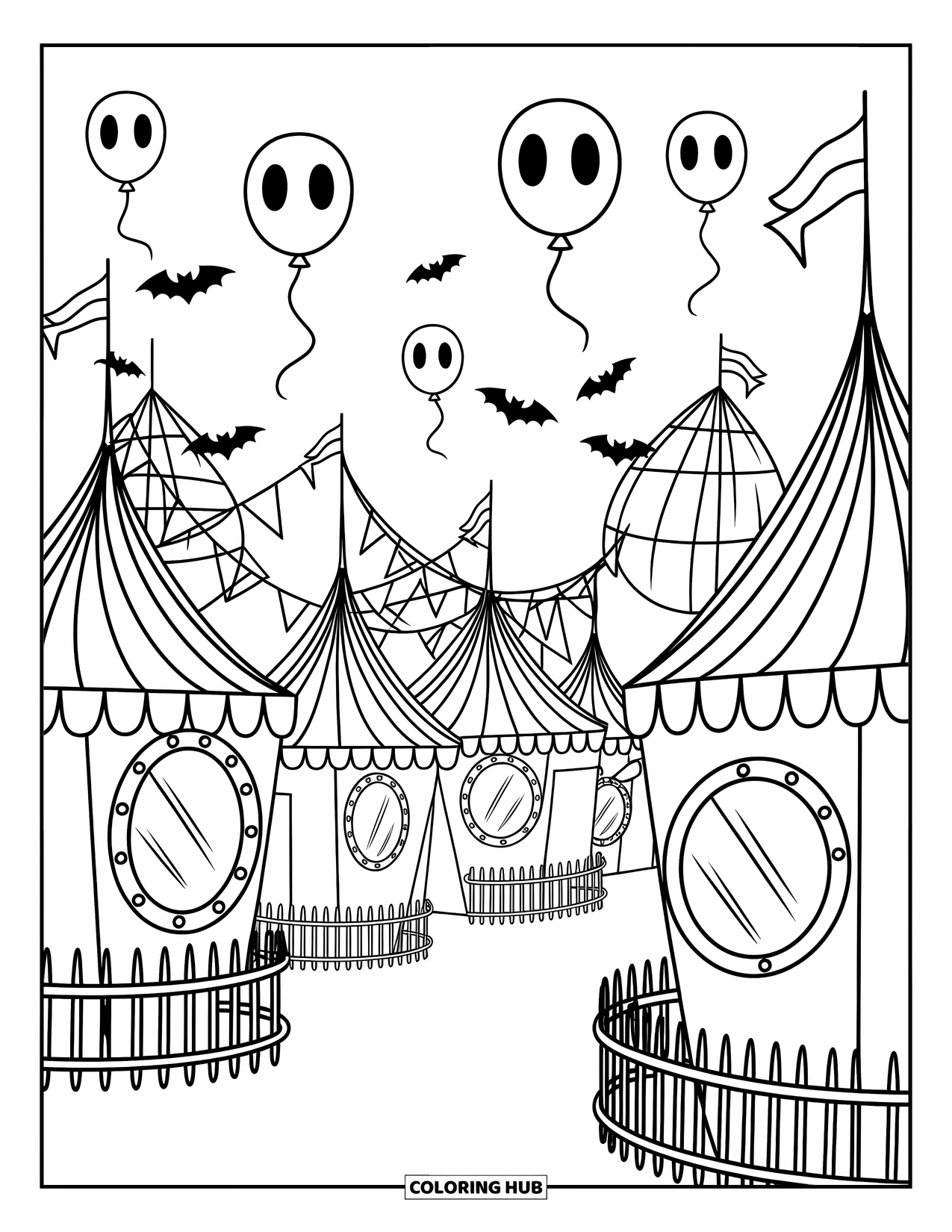 Horror Coloring Page for Kids: A twisted carnival with crooked Ferris wheels, ghostly balloons, and eerie tents