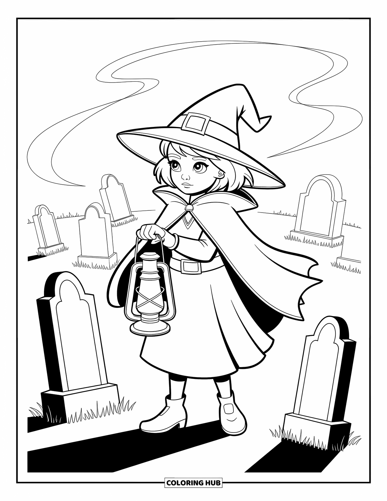 Horror Coloring Page for Kids: A witch-cloaked girl stands with a lantern among swirling mist and old tombstones