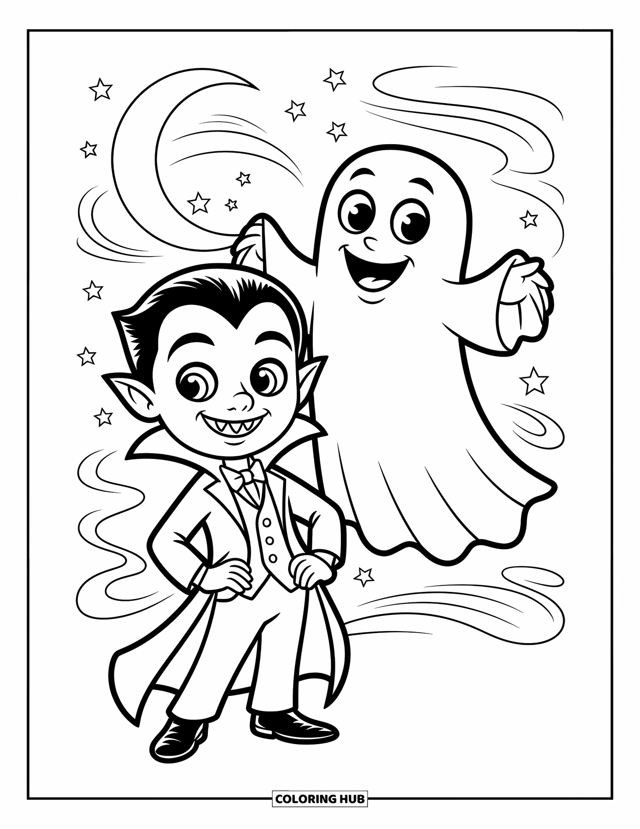Horror Coloring Page for Kids: A young vampire and a happy ghost stand together under a magical night sky
