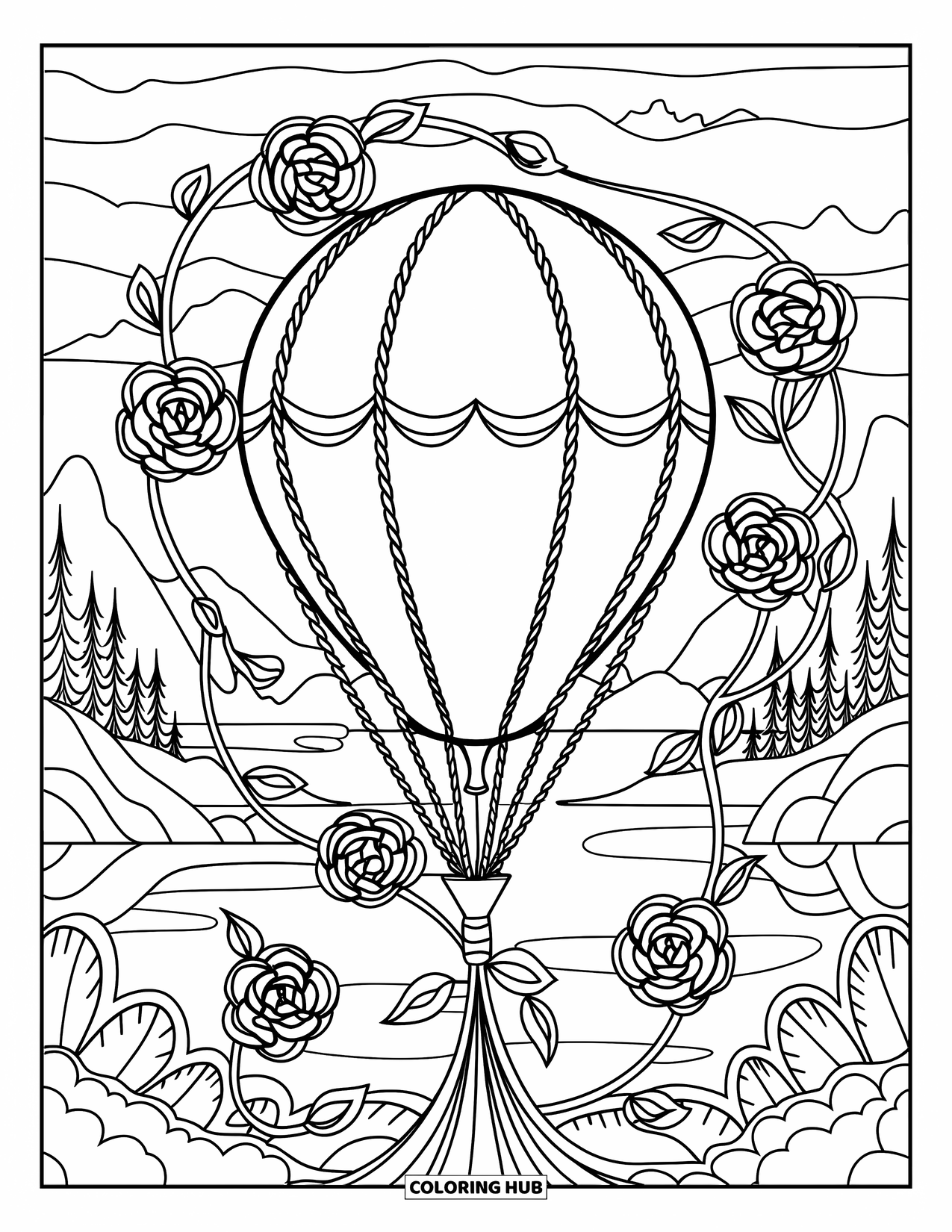 Hot Air Balloon Coloring Page for Adults: A braided balloon is tied near mountains, framed by stained glass roses and vines