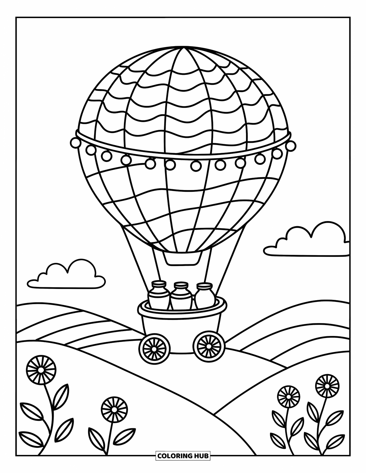 Hot Air Balloon Coloring Page for Adults: A candy balloon with lollipop stripes floats over hills and peppermint flowers