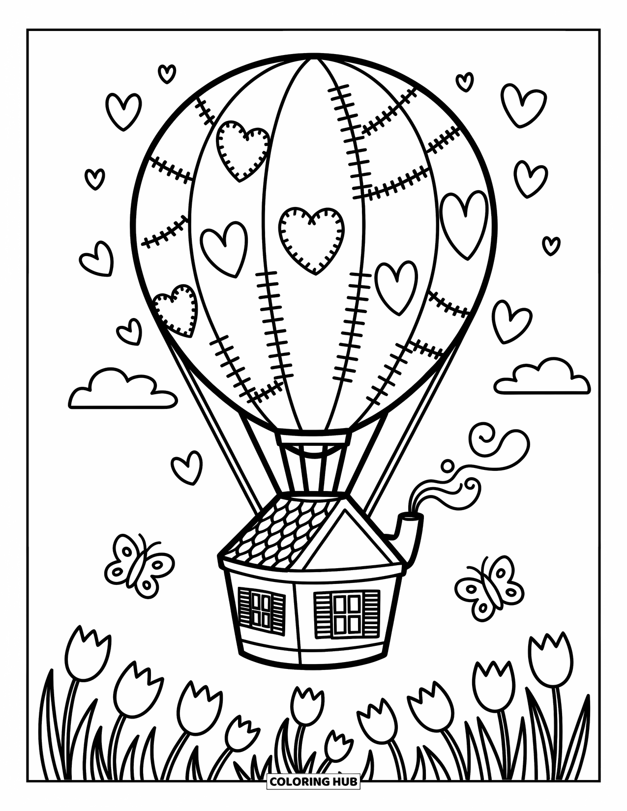 Hot Air Balloon Coloring Page for Adults: A cozy patchwork balloon floats above a meadow, trailing smoke from a teapot chimney