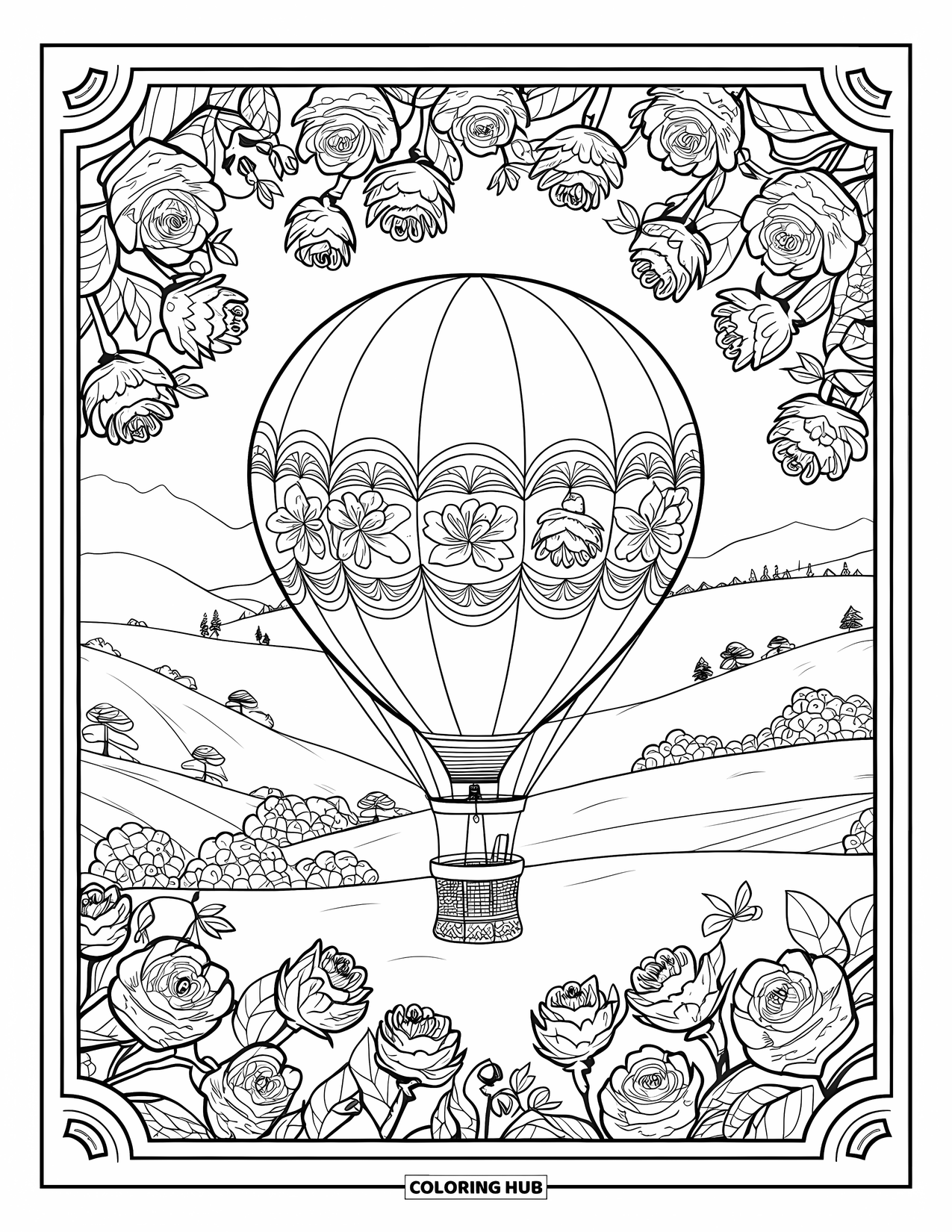 Hot Air Balloon Coloring Page for Adults: A floral balloon tied to a pole is framed by wild roses and hills