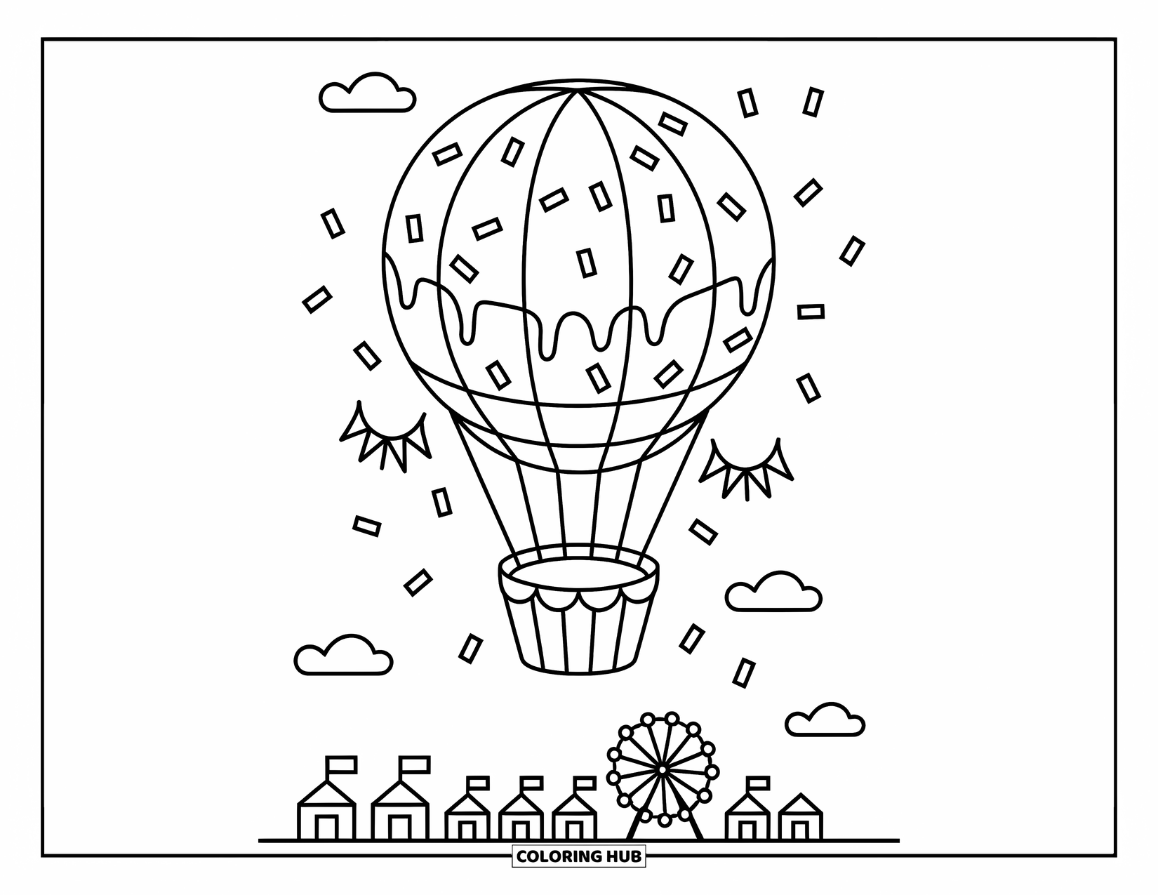 Hot Air Balloon Coloring Page for Adults: A layered cake balloon rises above festive tents and a ferris wheel in the distance