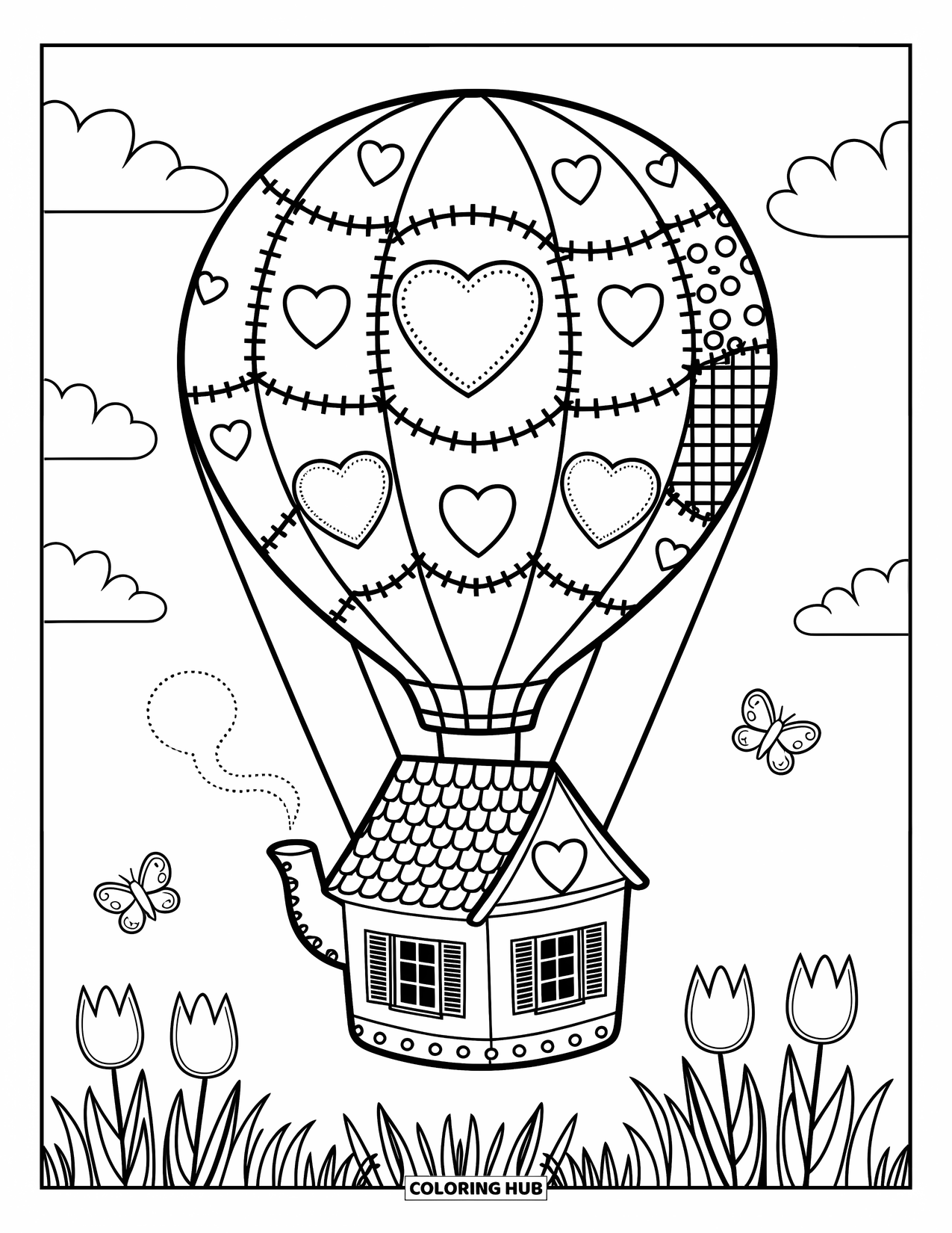 Hot Air Balloon Coloring Page for Adults: A patchwork balloon with hearts and dots floats above a meadow with butterflies and tulips