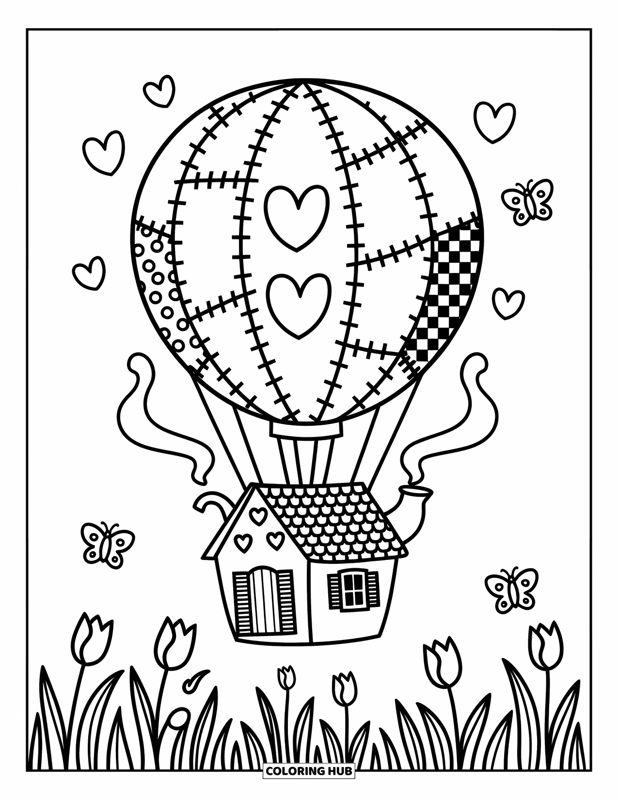 Hot Air Balloon Coloring Page for Adults: A patchy balloon with cottage basket drifts above tulips and playful butterflies