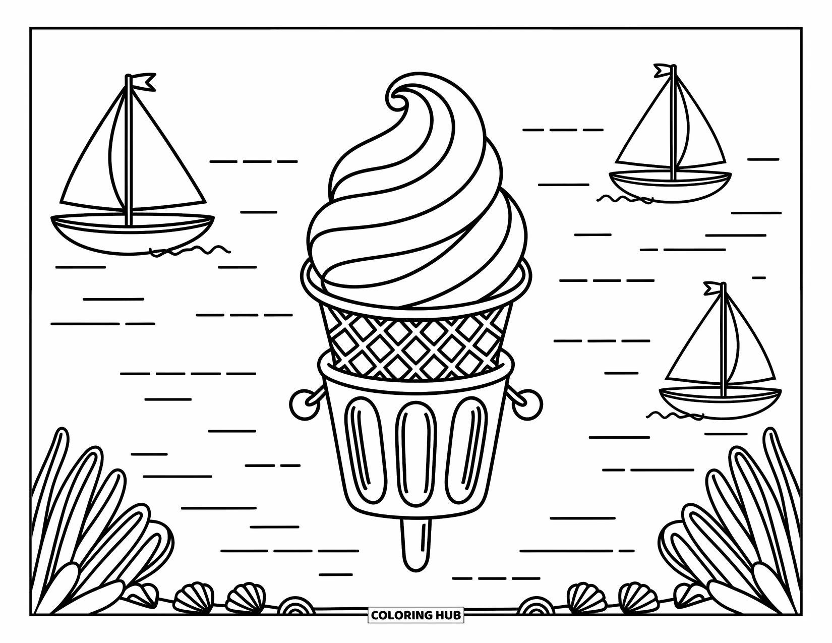 Hot Air Balloon Coloring Page for Adults: A swirl-cone balloon floats over a bay with sailboats and seashells on the shore