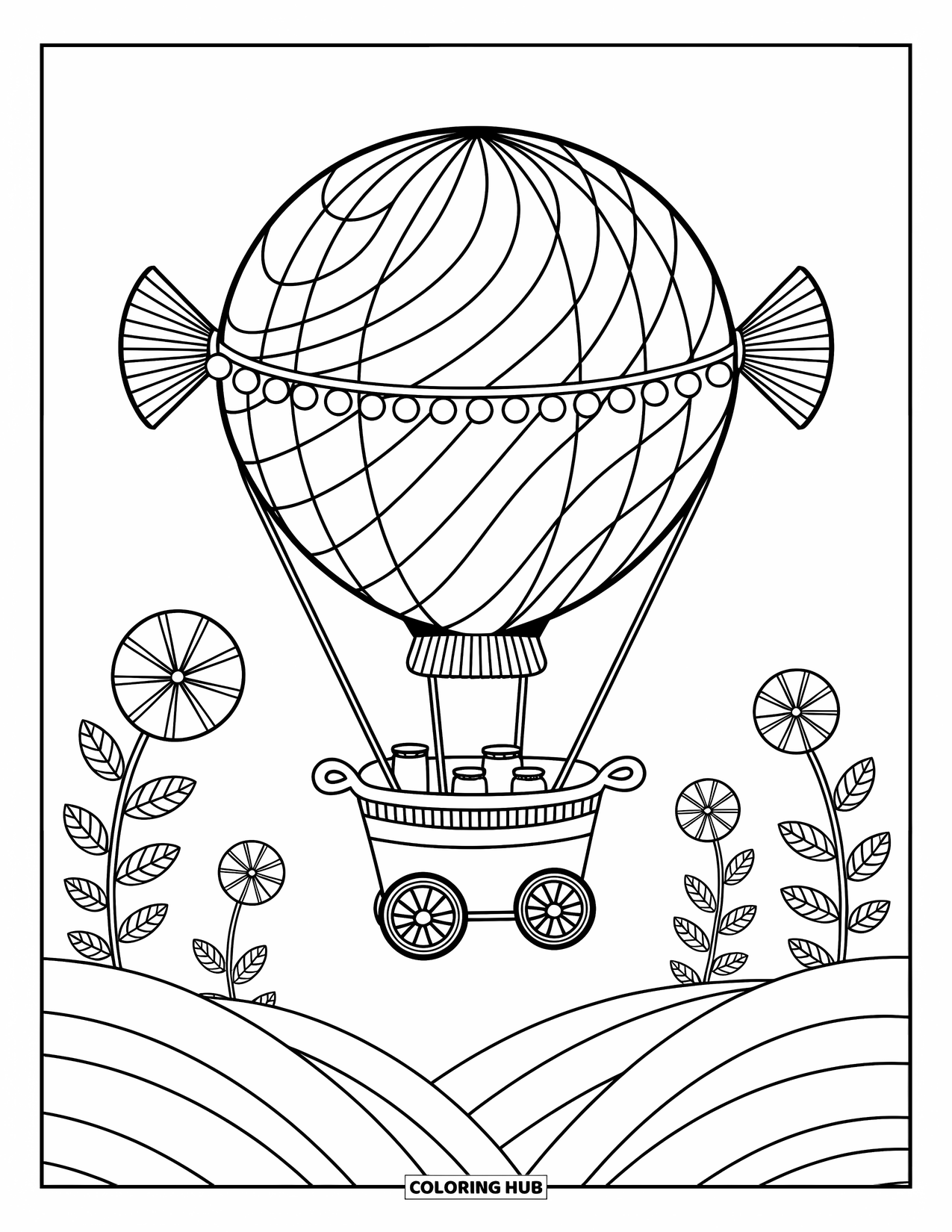 Hot Air Balloon Coloring Page for Adults: A swirly candy balloon floats above hills with peppermint blooms reaching for the sky