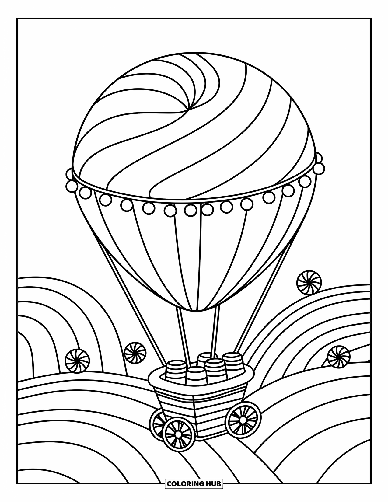 Hot Air Balloon Coloring Page for Adults: A wrapped candy balloon with gumdrops rises above rolling hills and a candy cart basket
