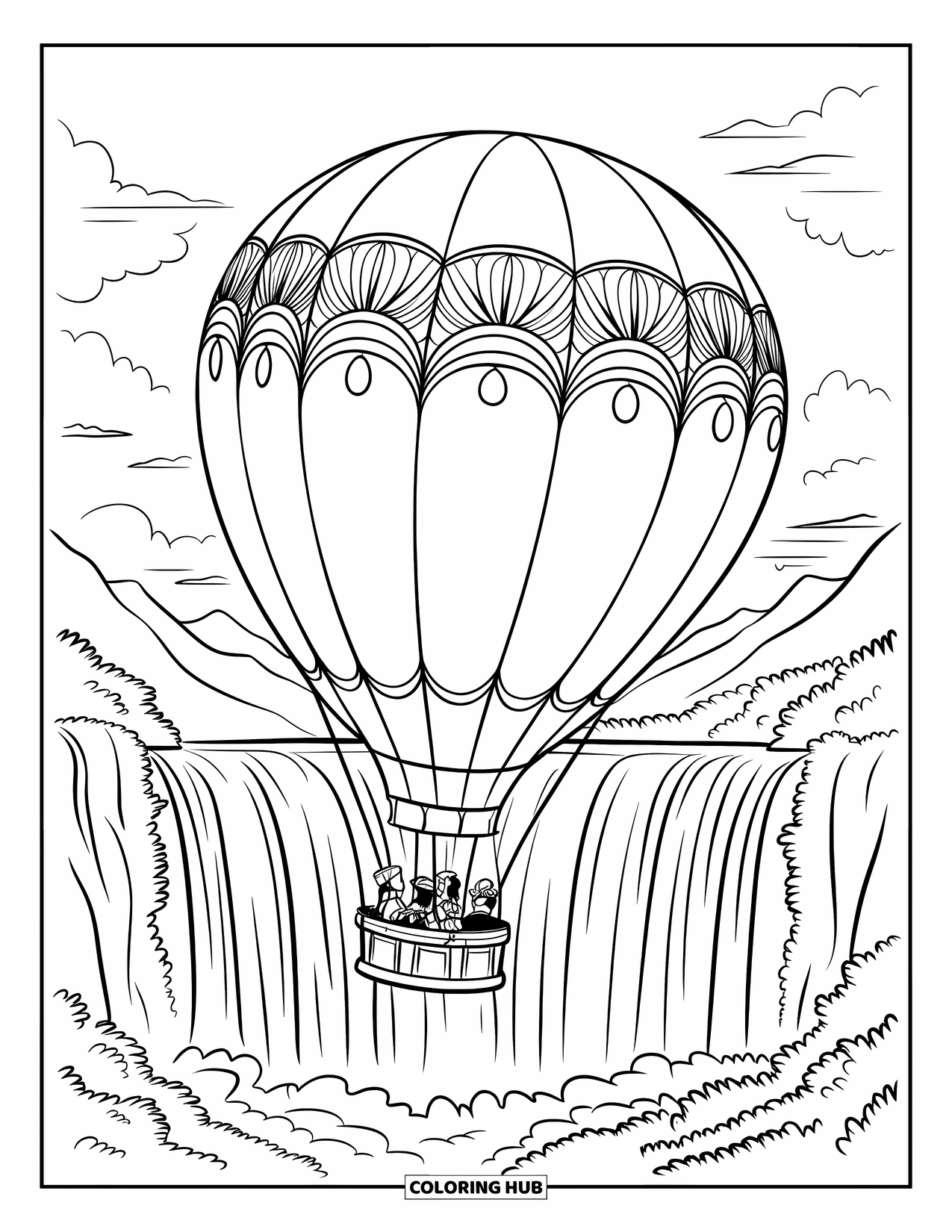 Hot Air Balloon Coloring Page for Kids: A balloon carries passengers past a waterfall surrounded by trees and mountain views
