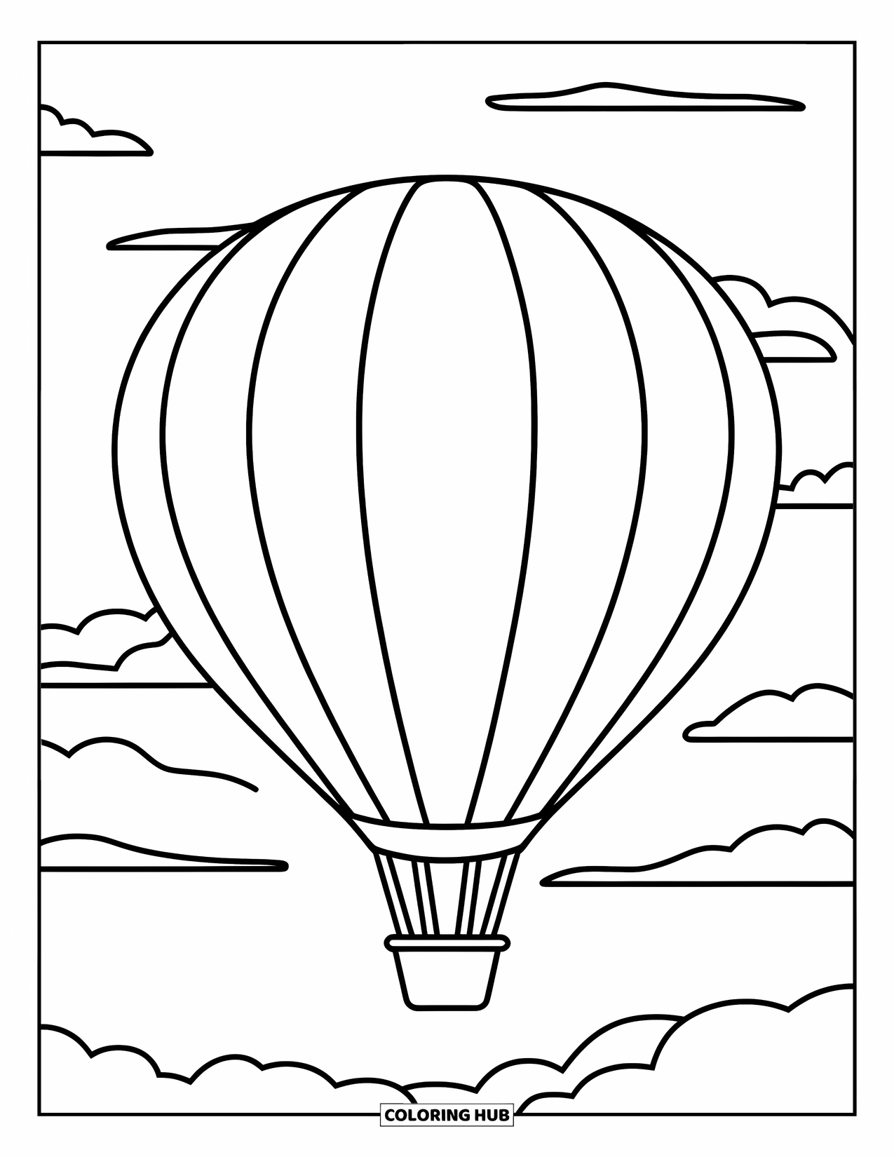 Hot Air Balloon Coloring Page for Kids: A balloon with bold stripes floats in the sky with soft clouds around it