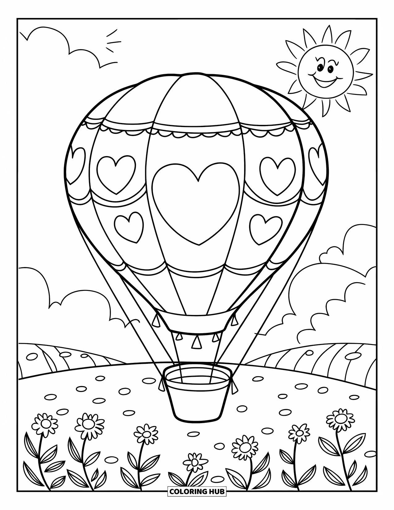 Hot Air Balloon Coloring Page for Kids: A balloon with heart shapes floats above flowers with a smiling sun nearby