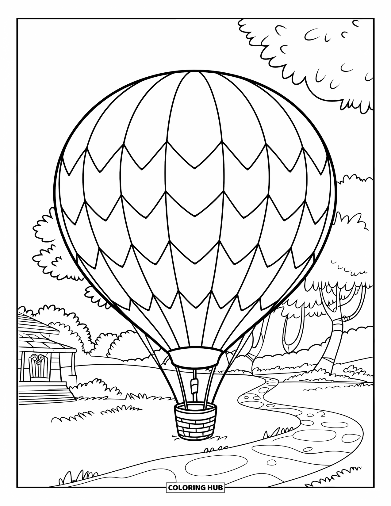 Hot Air Balloon Coloring Page for Kids: A big balloon with zigzag stripes rests near trees, a path, and a small building