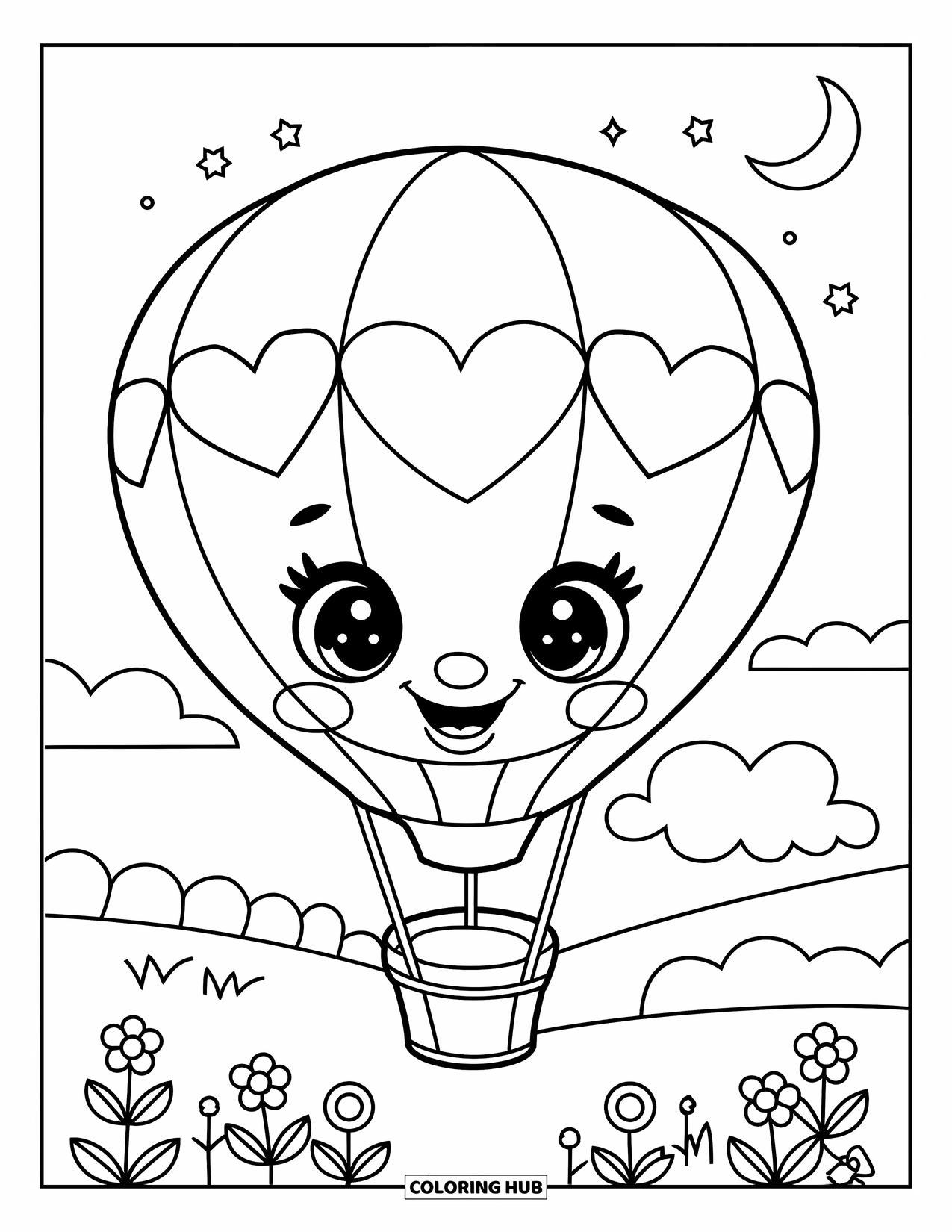 Hot Air Balloon Coloring Page for Kids: A cheerful balloon with heart shapes floats over flowers, stars, and a crescent moon