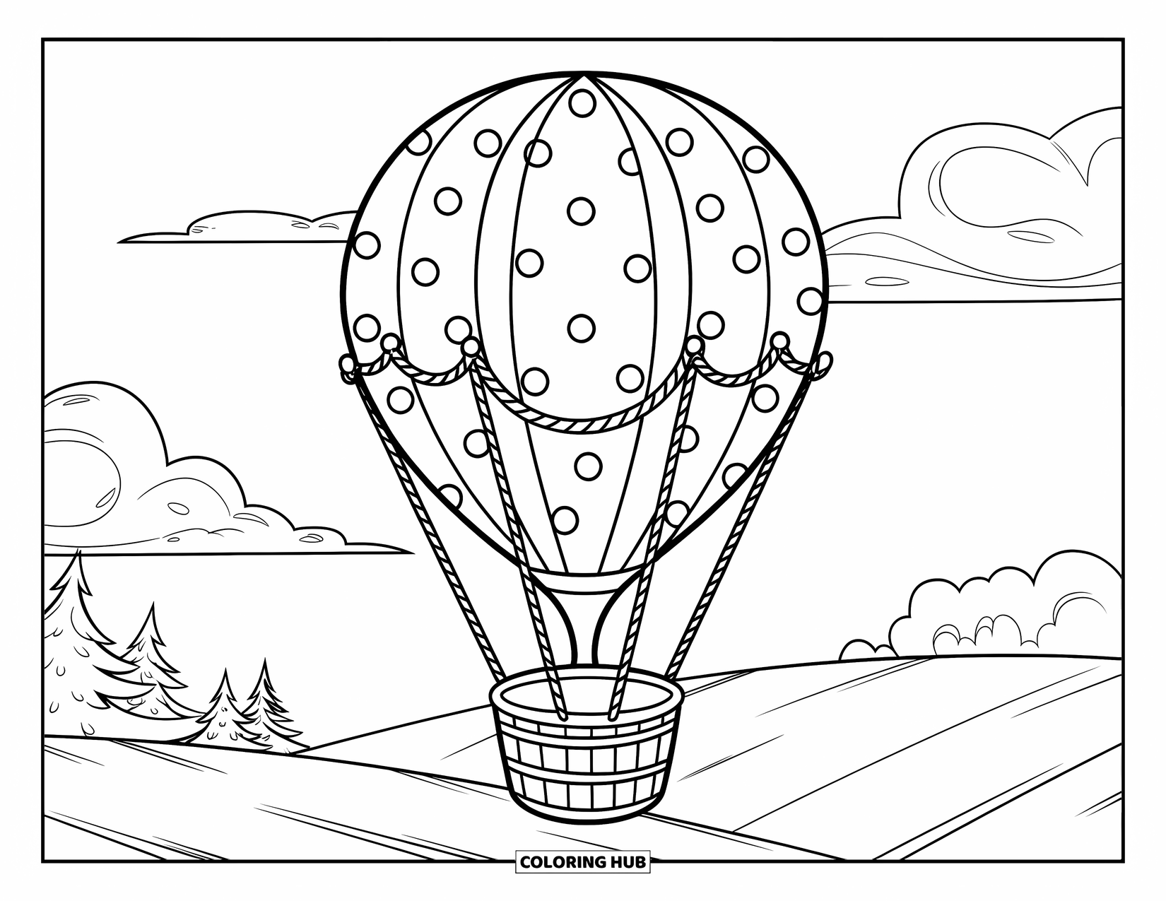 Hot Air Balloon Coloring Page for Kids: A dotted balloon with thick ropes drifts over a field with trees and clouds