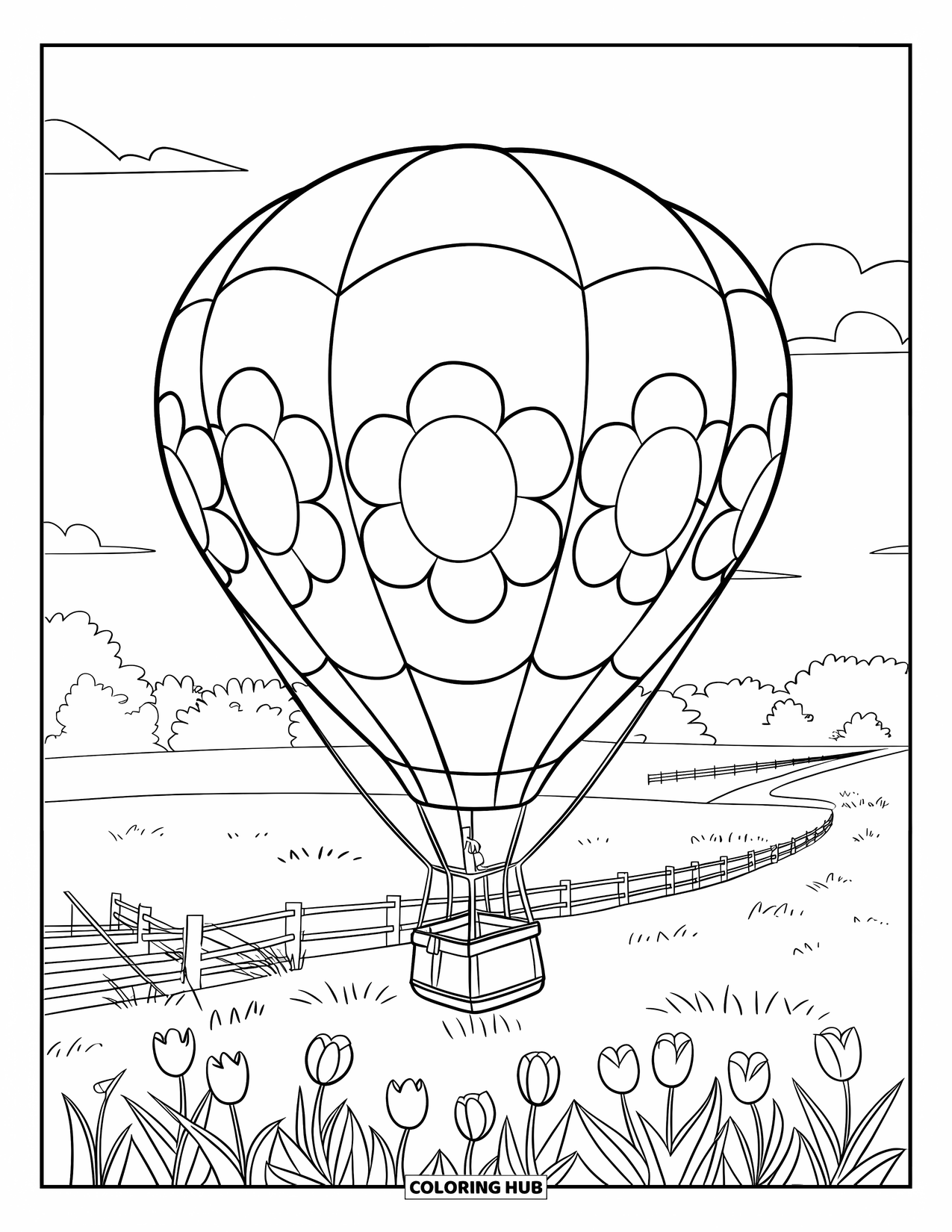 Hot Air Balloon Coloring Page for Kids: A flower-shaped balloon drifts above tulips near a fence and distant trees