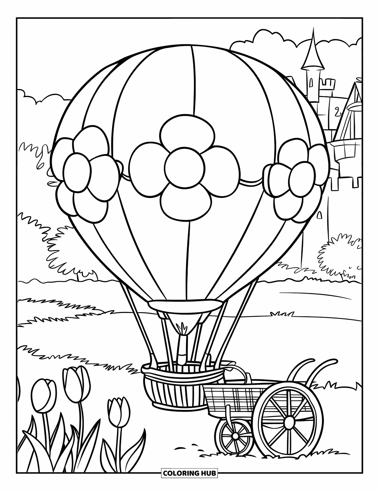 Hot Air Balloon Coloring Page for Kids: A flower-shaped balloon is tied to a cart near tulips, trees, and a castle