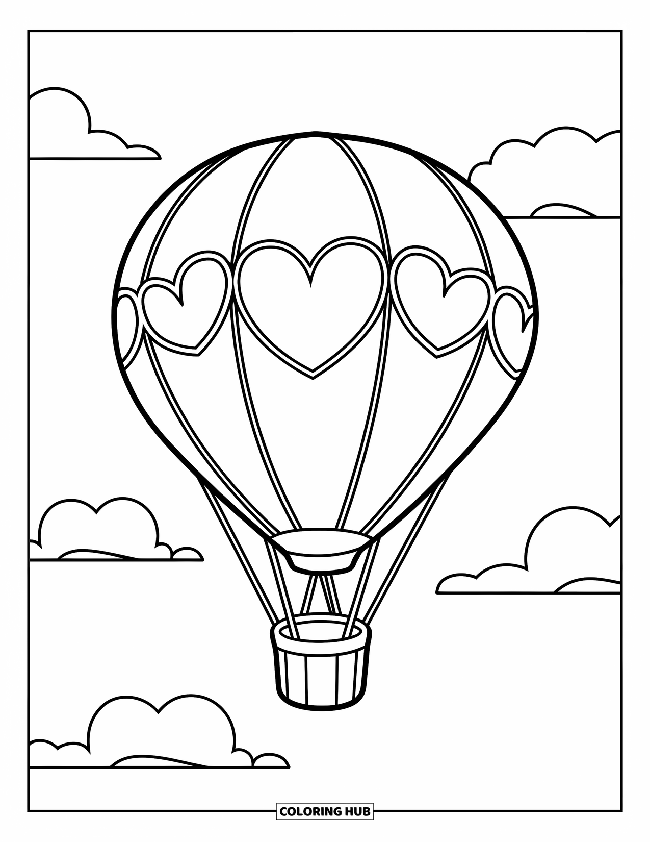 Hot Air Balloon Coloring Page for Kids: A heart-panel balloon with a small basket floats happily in the clear sky