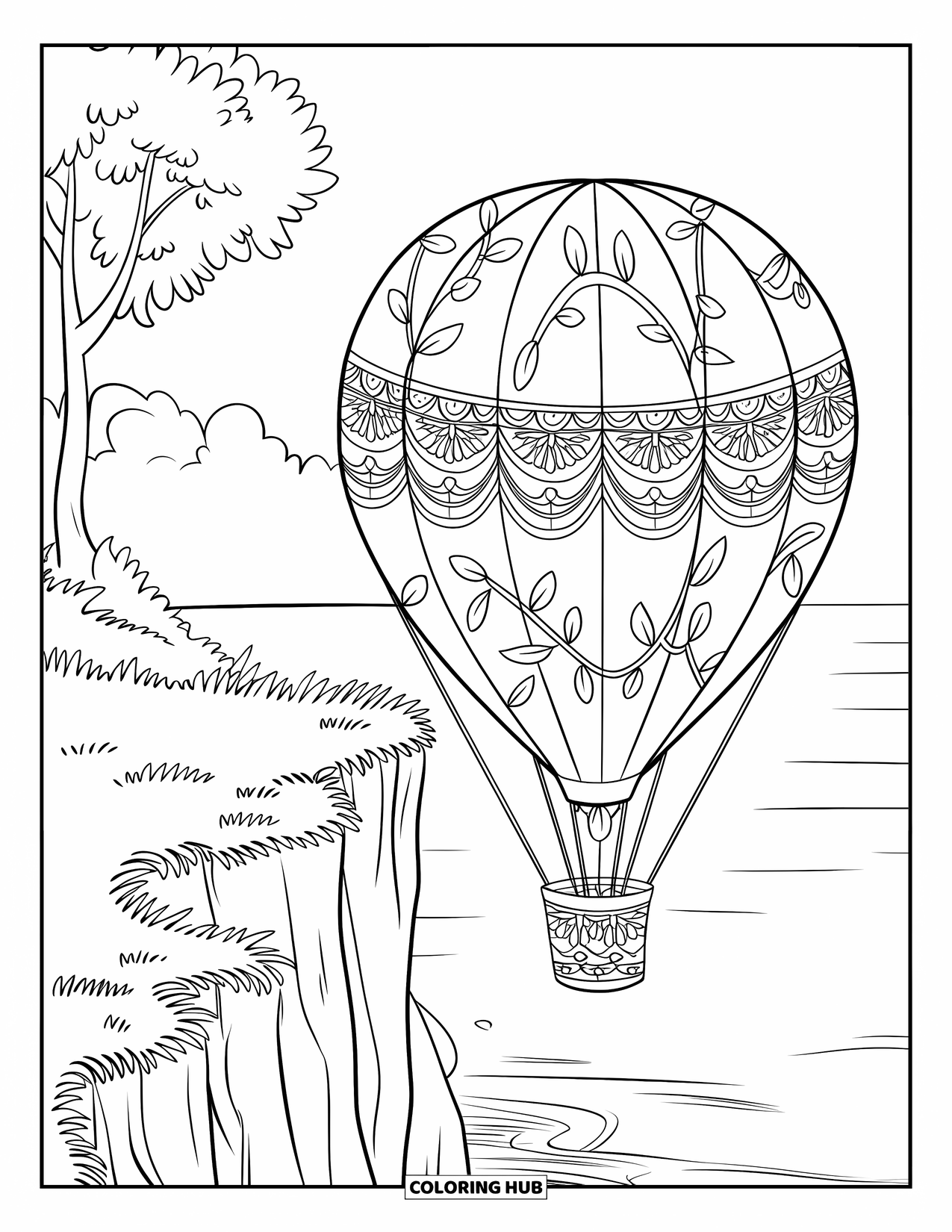 Hot Air Balloon Coloring Page for Kids: A lace-trimmed balloon floats beside a grassy cliff near a calm ocean