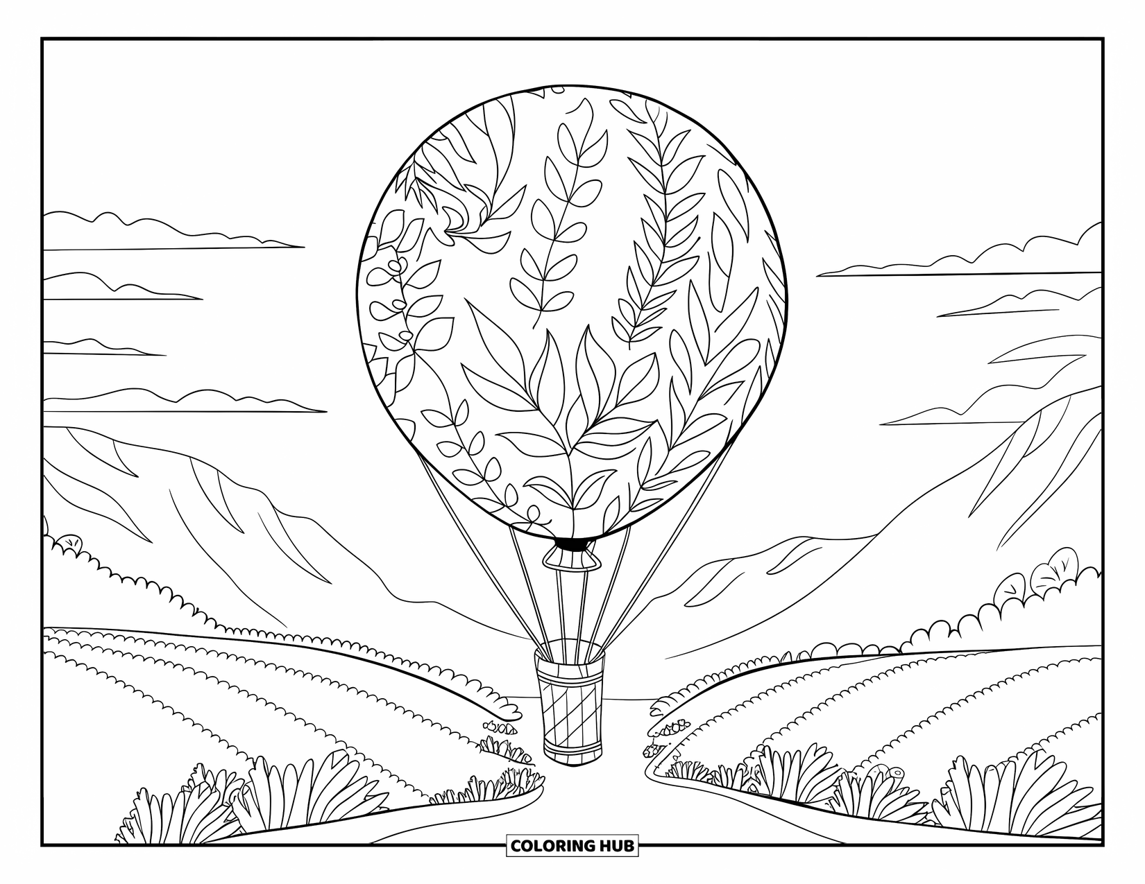Hot Air Balloon Coloring Page for Kids: A leafy balloon drifts above a river surrounded by trees and mountain views