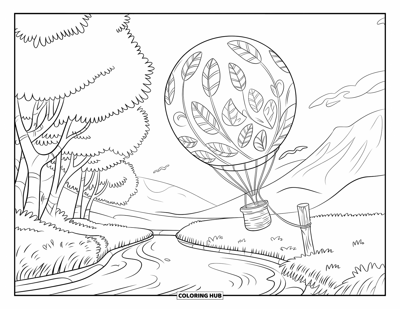 Hot Air Balloon Coloring Page for Kids: A leafy balloon rises near a riverbank filled with big trees and calm water