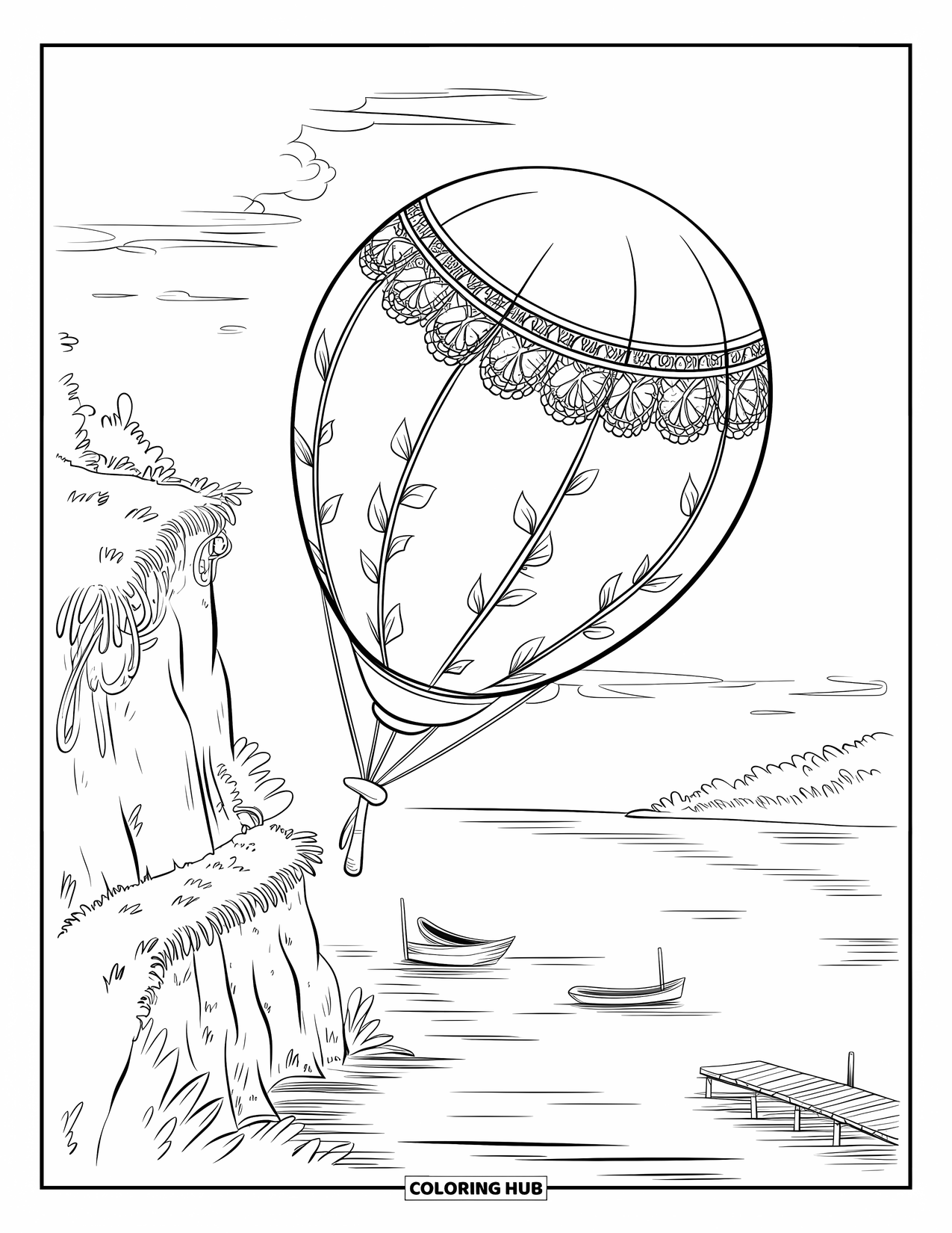 Hot Air Balloon Coloring Page for Kids: A patterned balloon hovers near a cliff with boats and a serene lake below