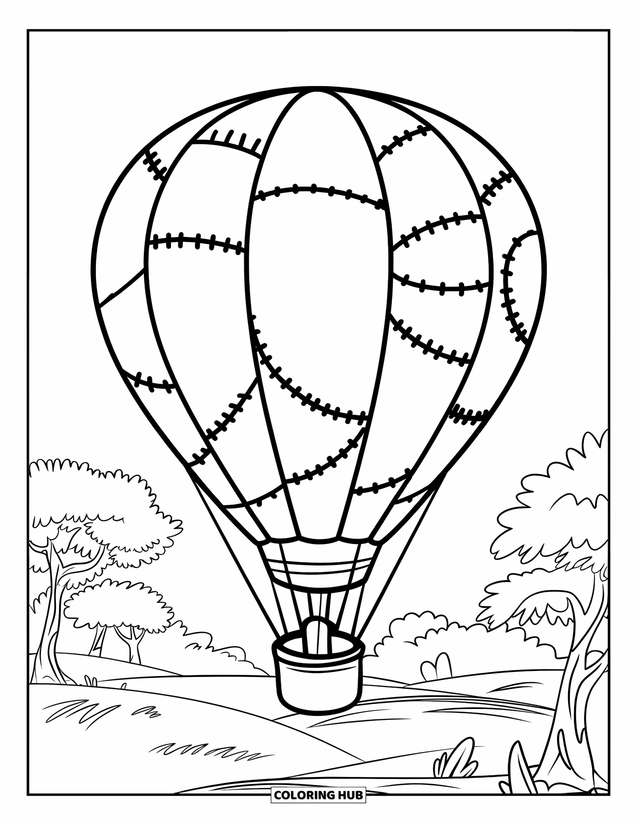 Hot Air Balloon Coloring Page for Kids: A patterned balloon with stitched panels drifts above fields and scattered trees