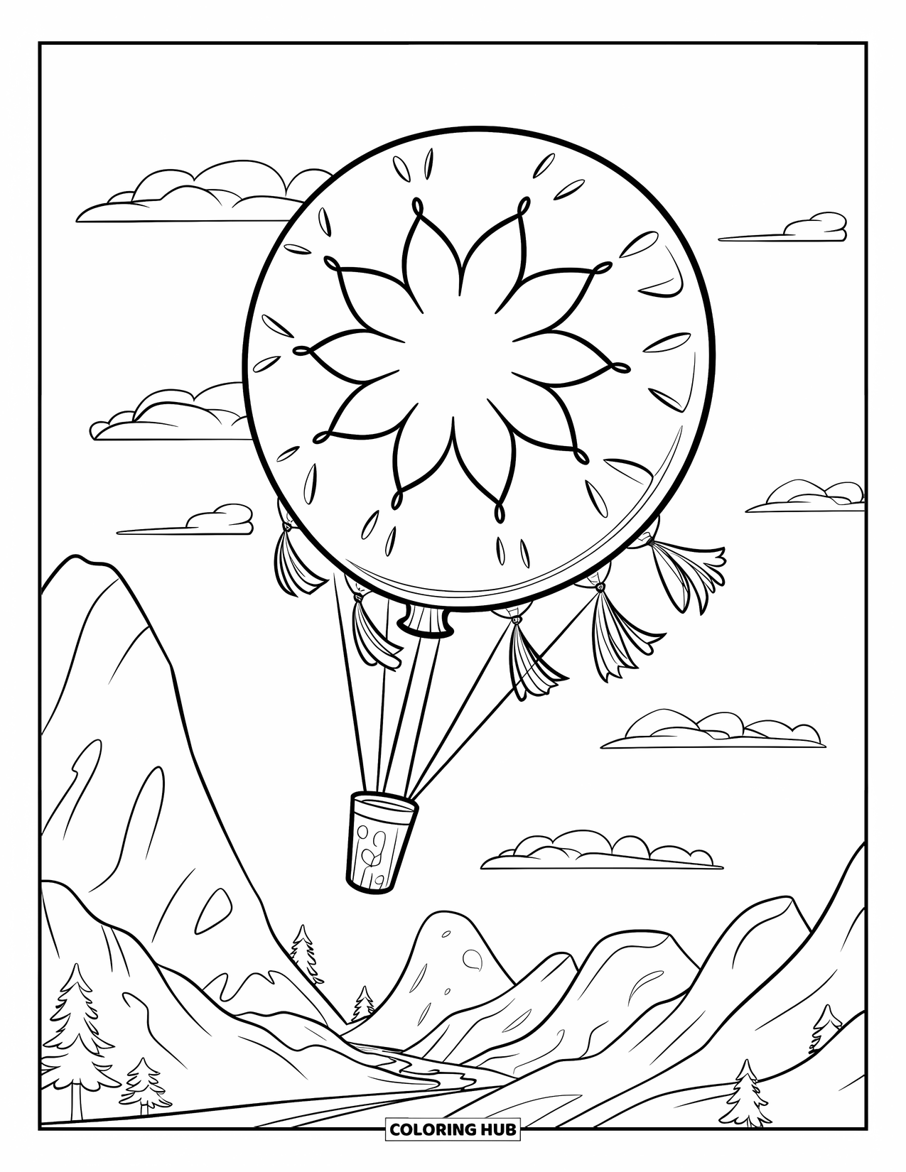 Hot Air Balloon Coloring Page for Kids: A starburst balloon with ribbons soars above rocky mountains and scattered trees