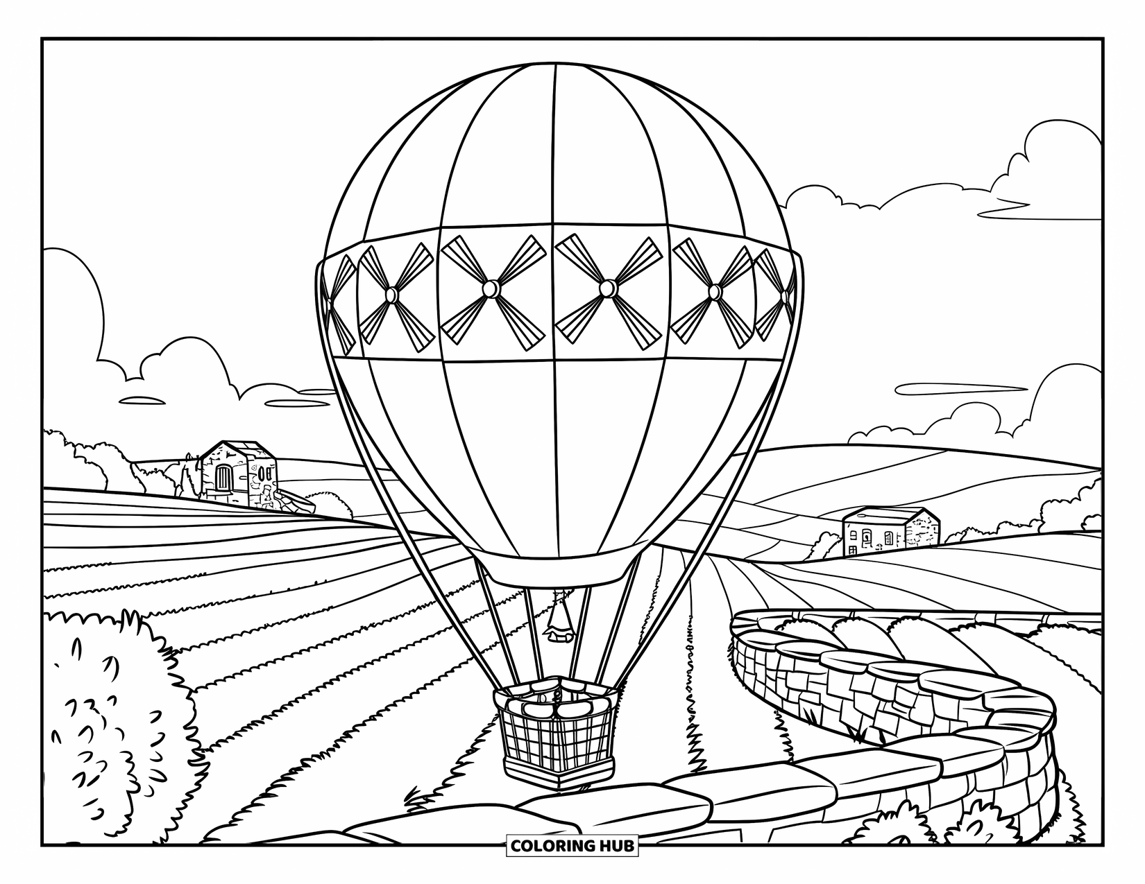 Hot Air Balloon Coloring Page for Kids: A windmill balloon hovers over lavender fields tied gently to a stone wall