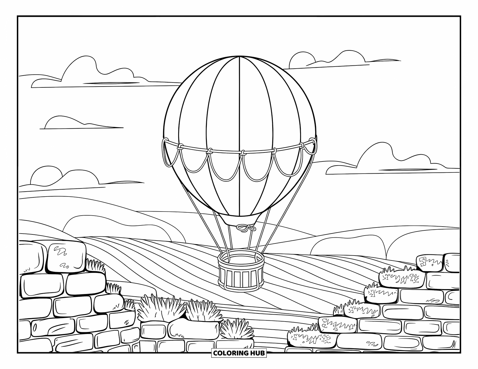 Hot Air Balloon Coloring Page for Kids: A windmill-style hot air balloon floats above lavender fields and stone walls