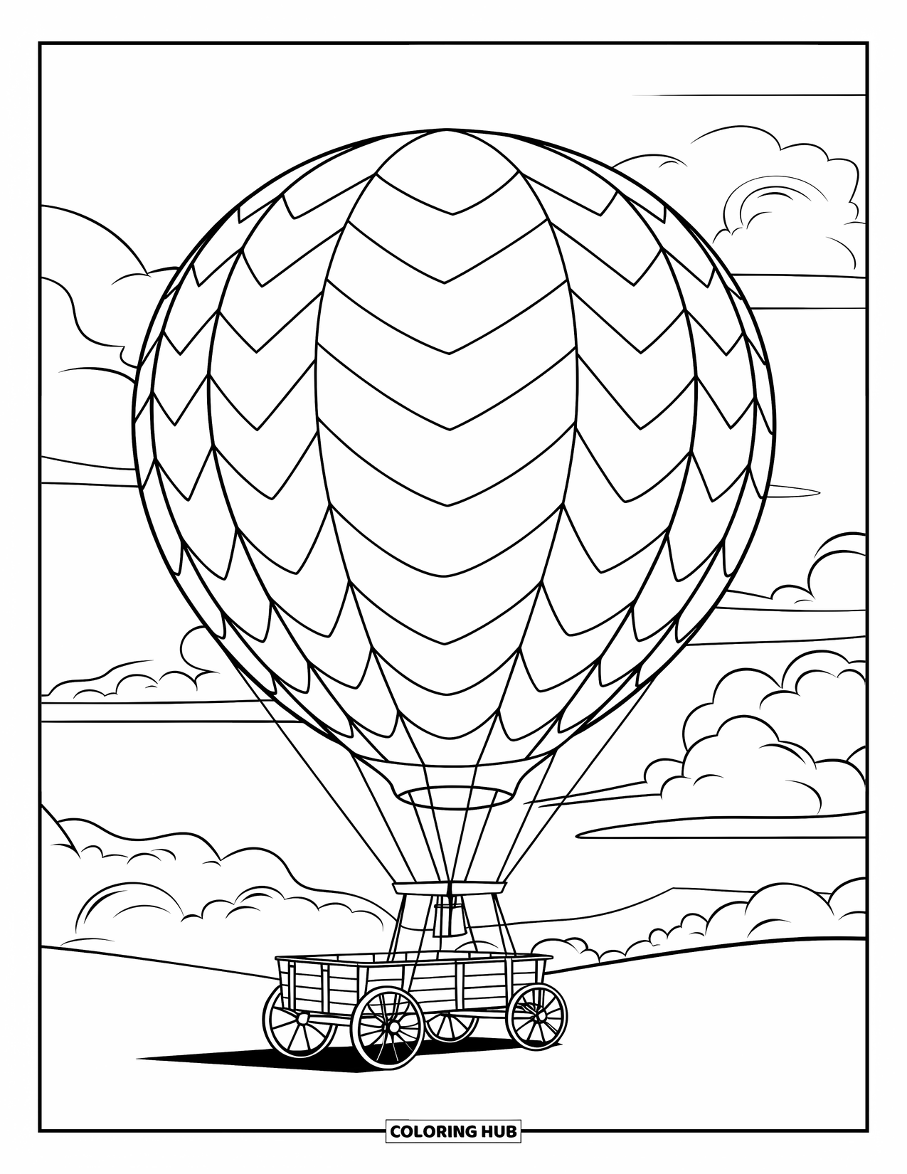 Hot Air Balloon Coloring Page for Kids: A zigzag-striped balloon is tied to a wagon under fluffy white clouds