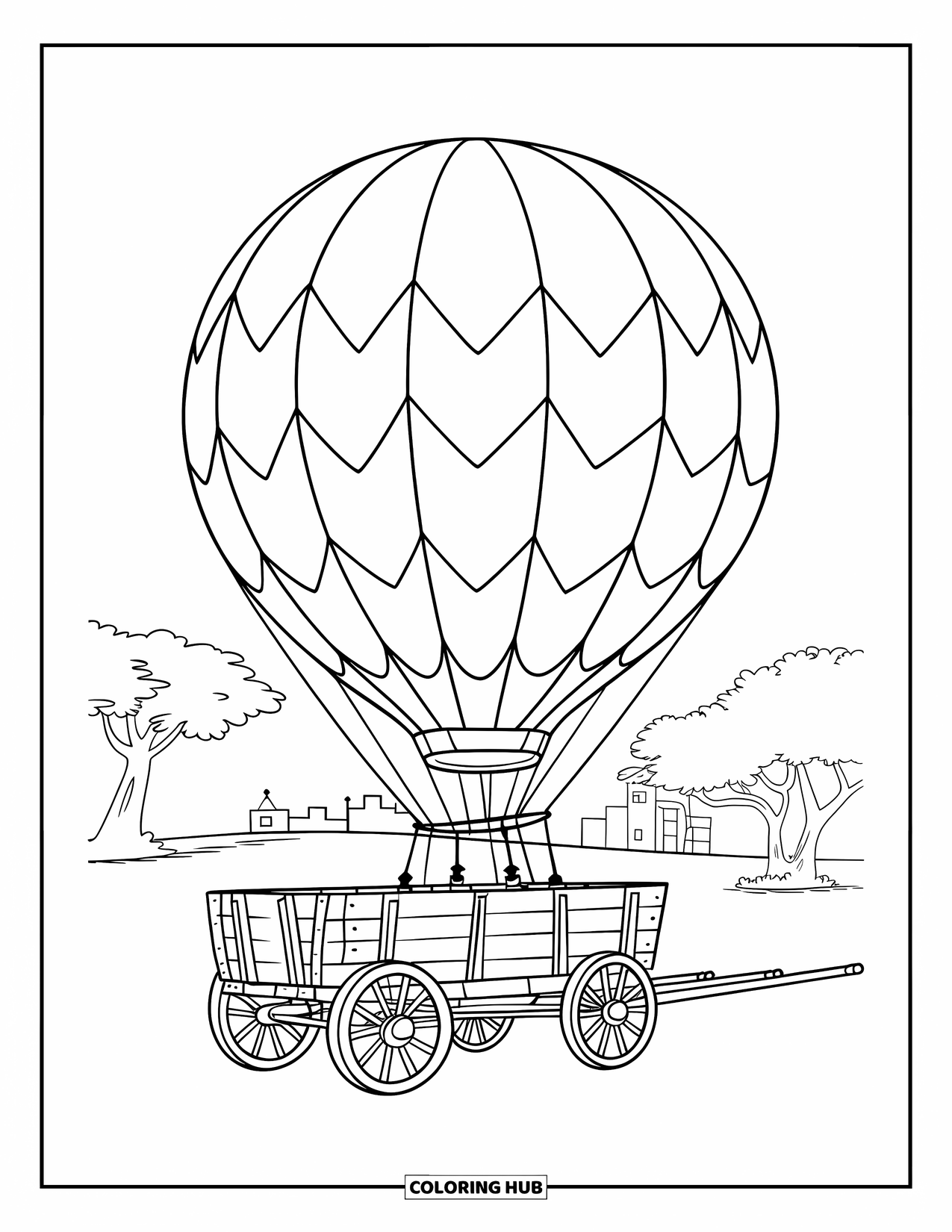 Hot Air Balloon Coloring Page for Kids: A zigzag-striped balloon tied to a wagon stands near buildings and trees