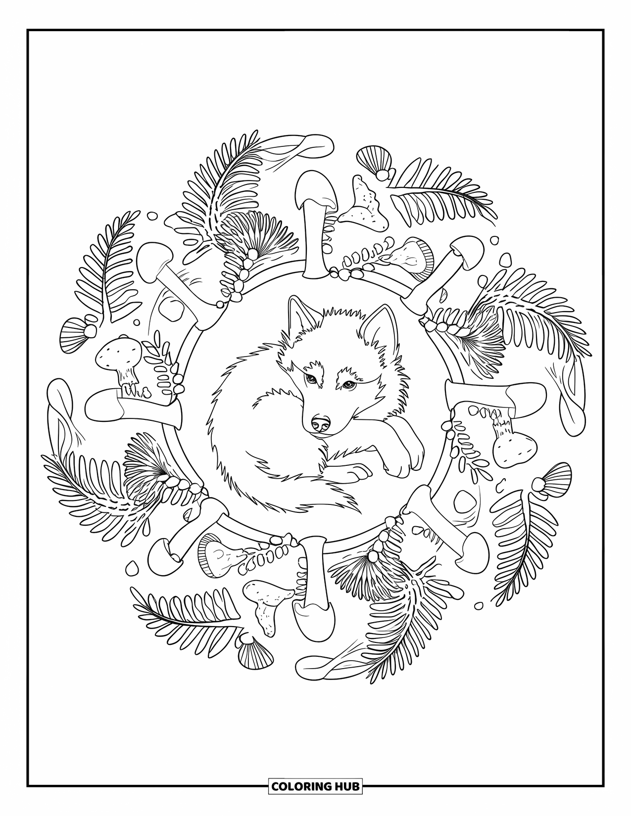 Husky Puppy Coloring Page for Adults: Curled husky rests inside a mandala of mushrooms, ferns, and pebbles