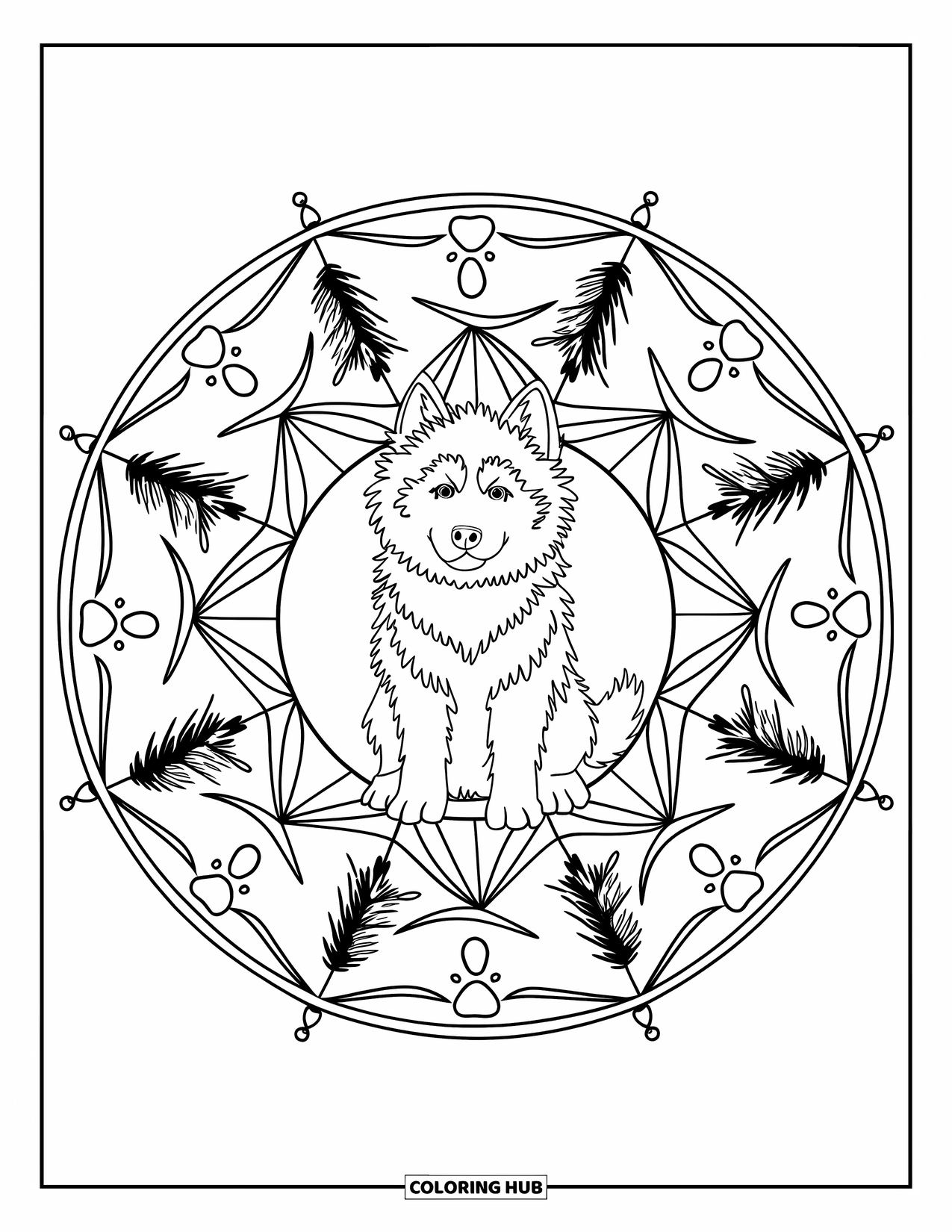 Husky Puppy Coloring Page for Adults: Husky in a mandala filled with wind swirls, paw prints, and evergreens