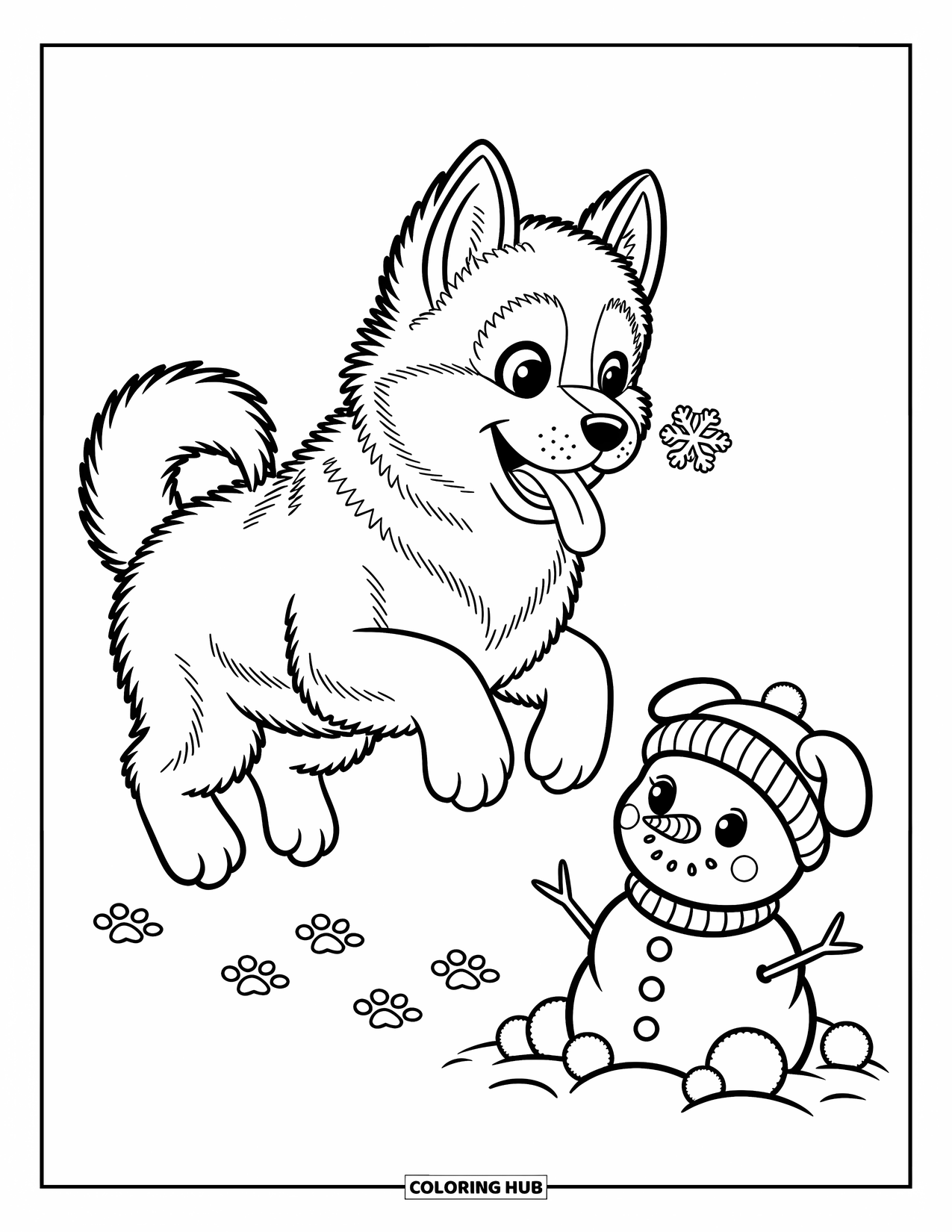 Husky Puppy Coloring Page for Adults: Husky jumps in snow catching a snowflake on its nose near a dog-eared snowman