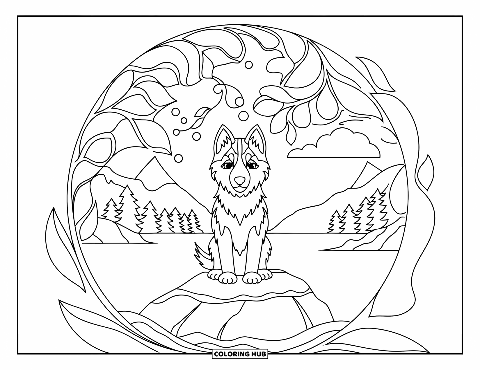 Husky Puppy Coloring Page for Adults: Husky on a rock inside a stained-glass dome near mountains and sky